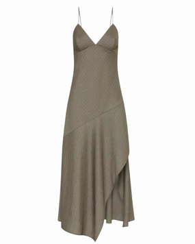 Asymmetric Slip Dress in Khaki Pinstripe Easy Comfort Look Inner Feel