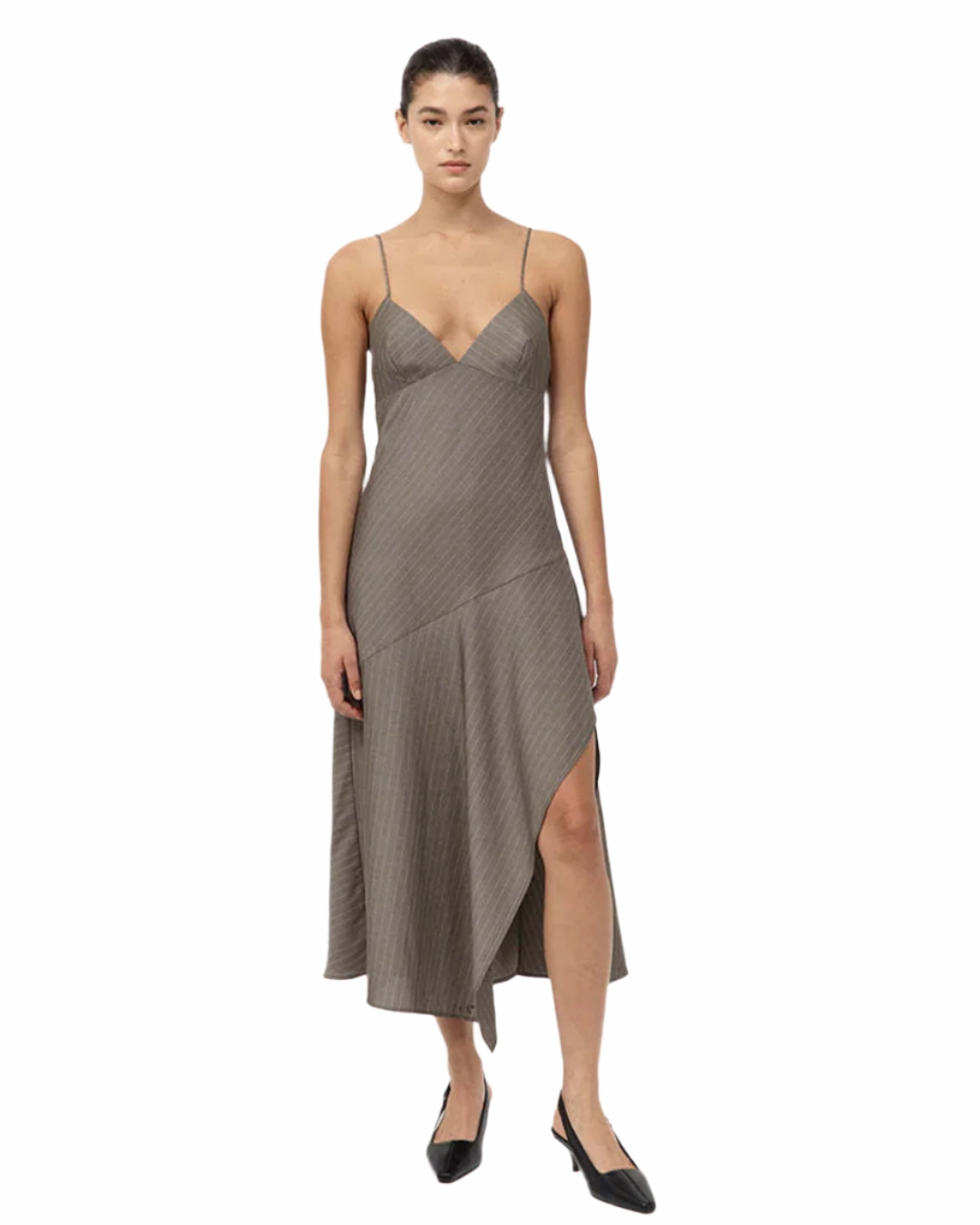 Asymmetric Slip Dress in Khaki Pinstripe Lounge Mood Heart Glow
