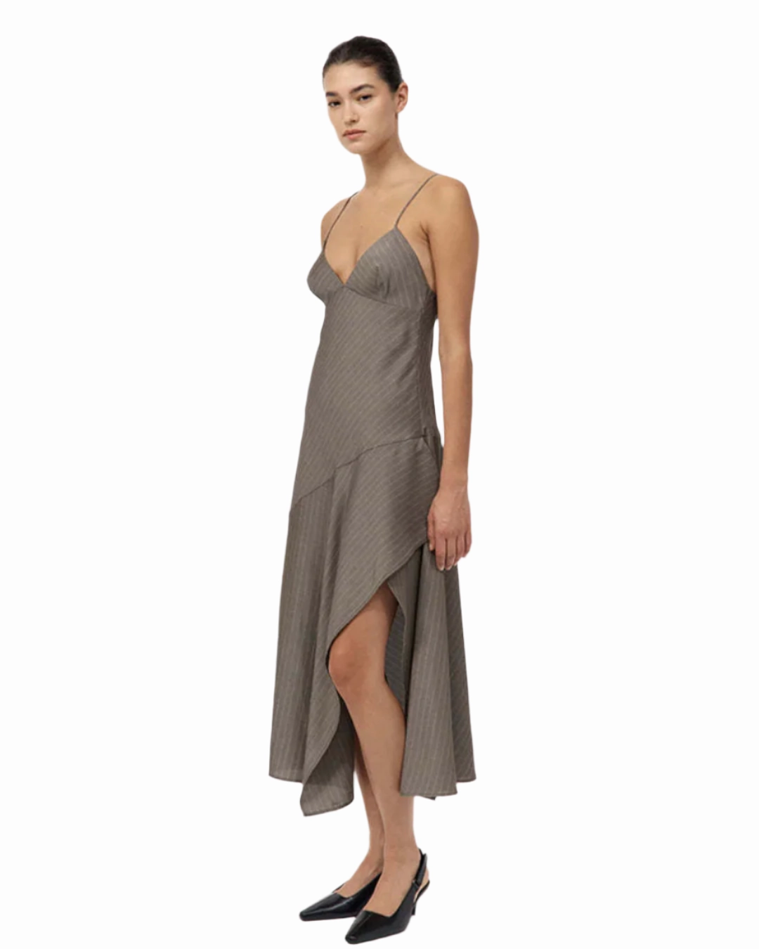 Fluid Fabric Asymmetric Slip Dress in Khaki Pinstripe