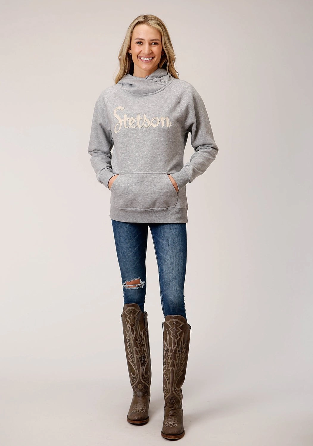 Stetson Womens Grey Cotton Blend 3 Button Applique Hoodie Everyday Comfort Wear All Day Comfort Fit