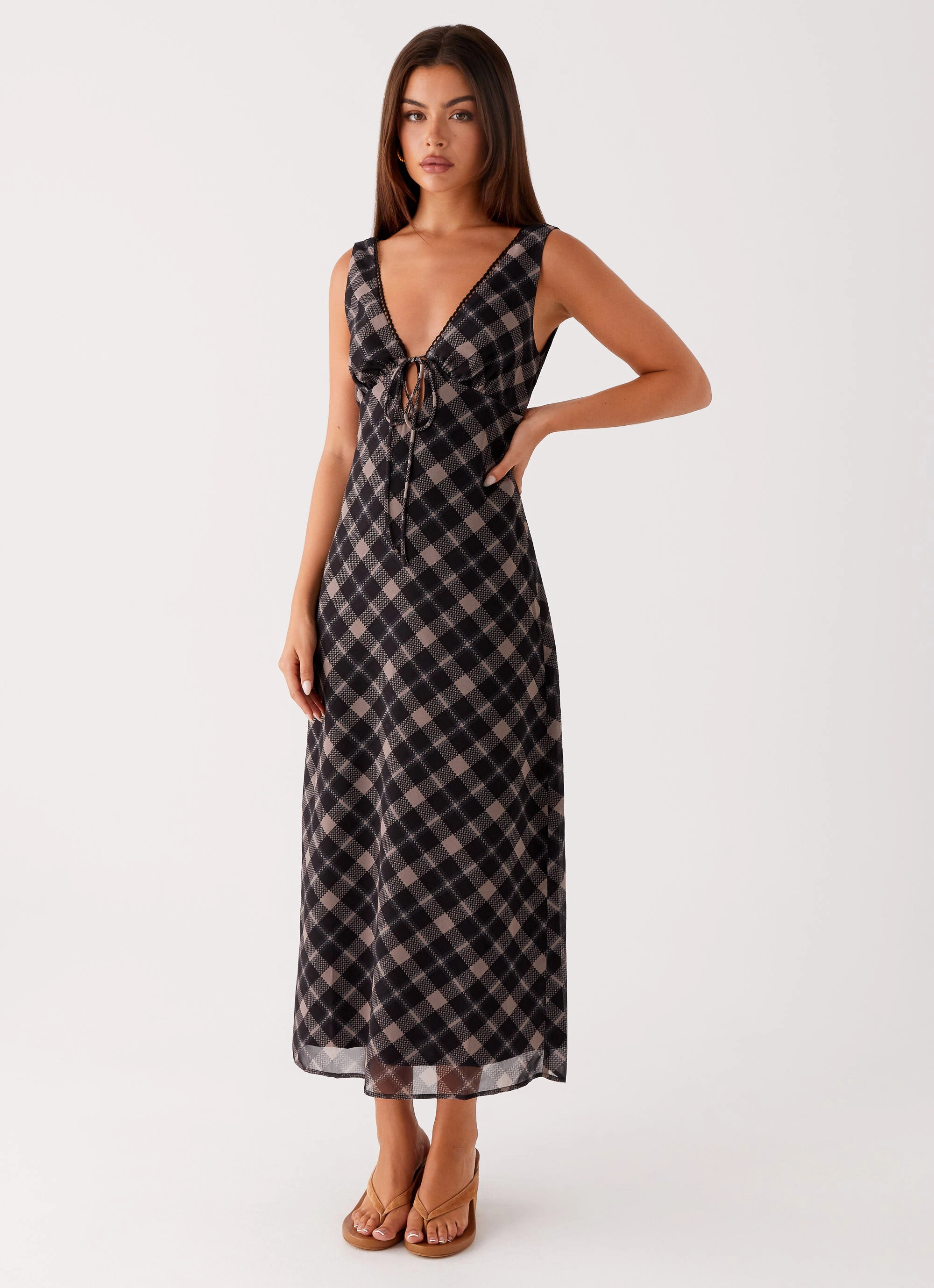 Sleek Drape Gianna Midi Dress - Taupe Check