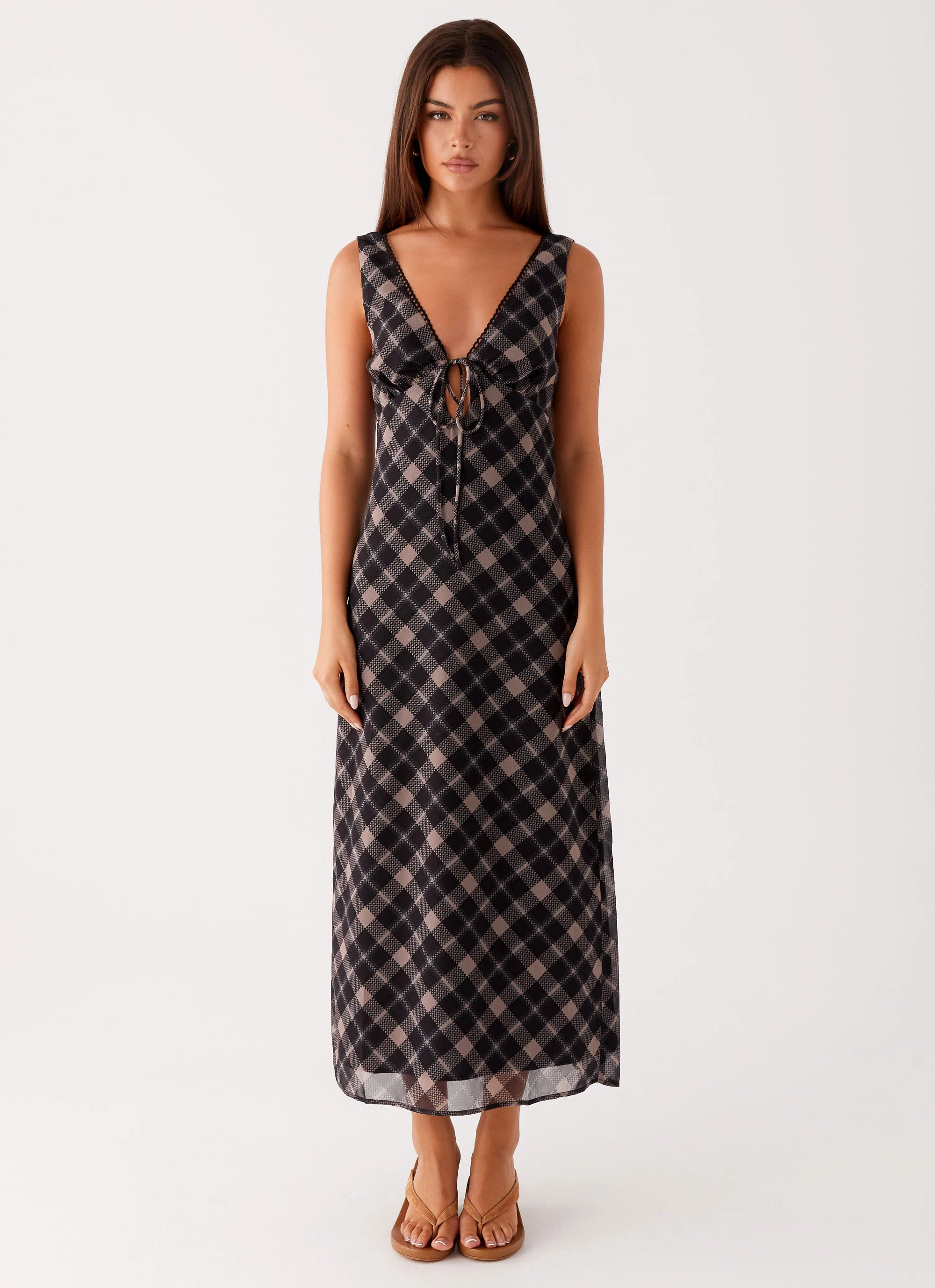 Textured Surface Gianna Midi Dress - Taupe Check