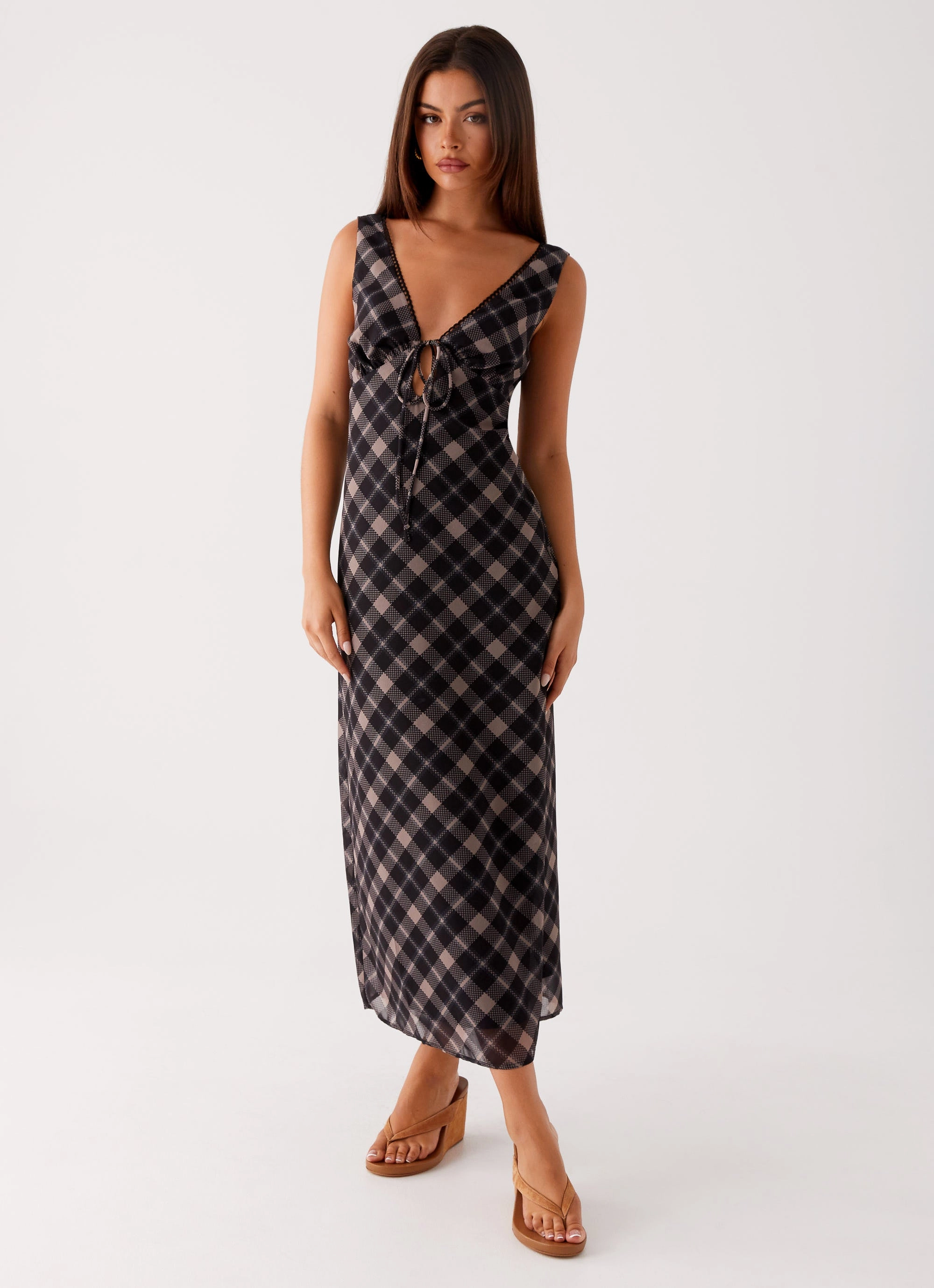Gianna Midi Dress - Taupe Check Sophisticated Vibe High Neck