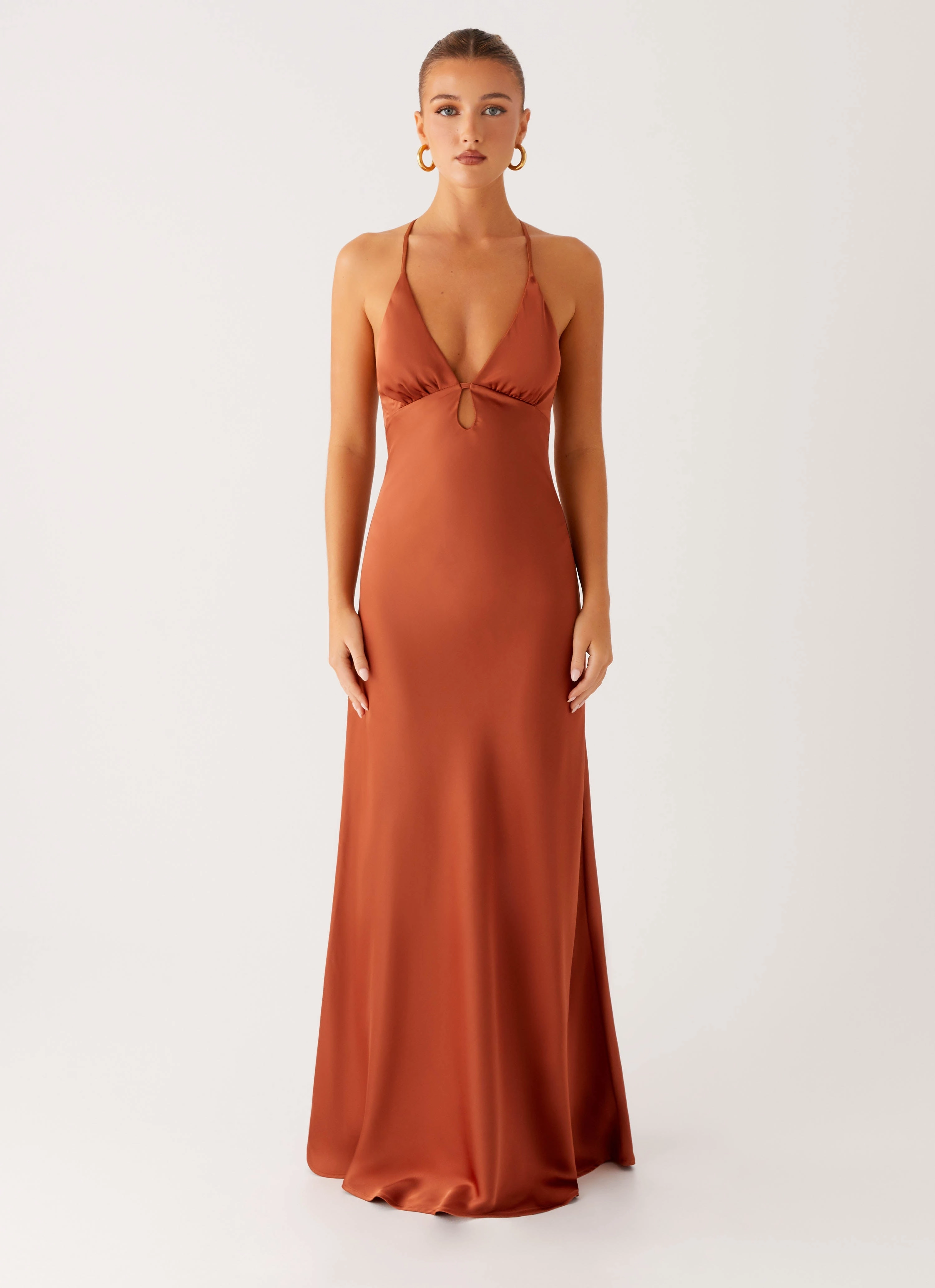 Sundowner Maxi Dress - Rust Satin Soft Wrap-Style