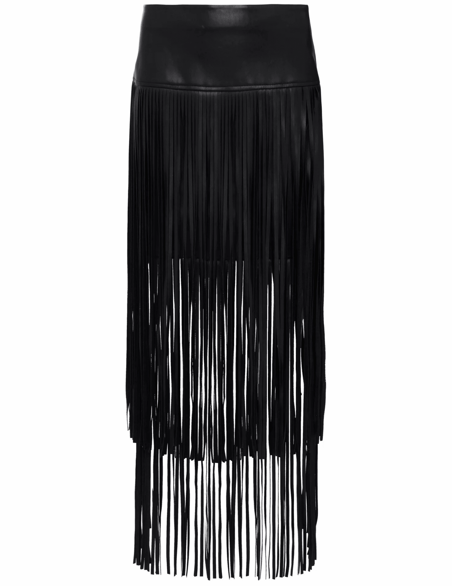 L'AGENCE Karolina Vegan Leather Fringe Midi Skirt in Black Anti Static Finish Flattering Waist