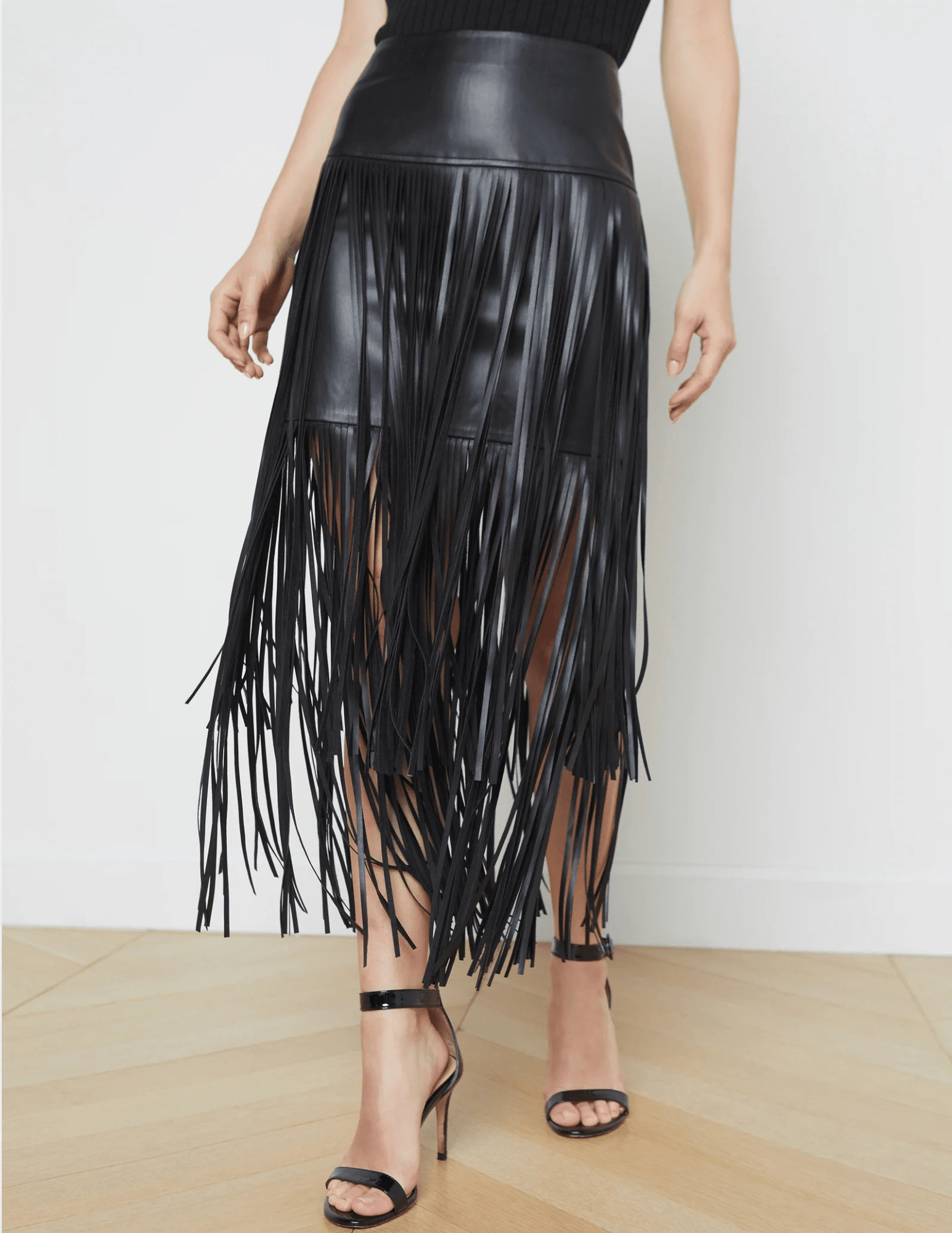 Flattering Design Wear L'AGENCE Karolina Vegan Leather Fringe Midi Skirt in Black