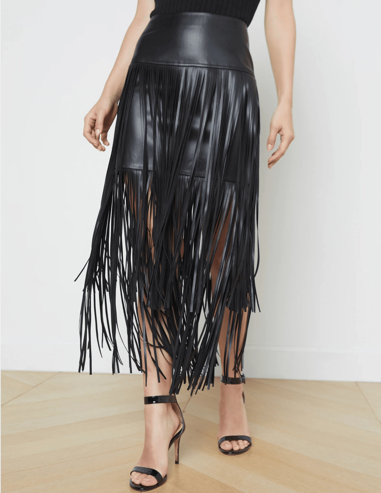 Everyday Style L'AGENCE Karolina Vegan Leather Fringe Midi Skirt in Black