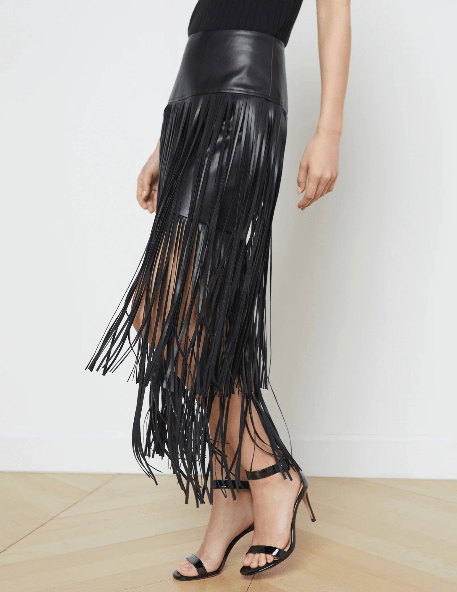 L'AGENCE Karolina Vegan Leather Fringe Midi Skirt in Black Crisp Finish