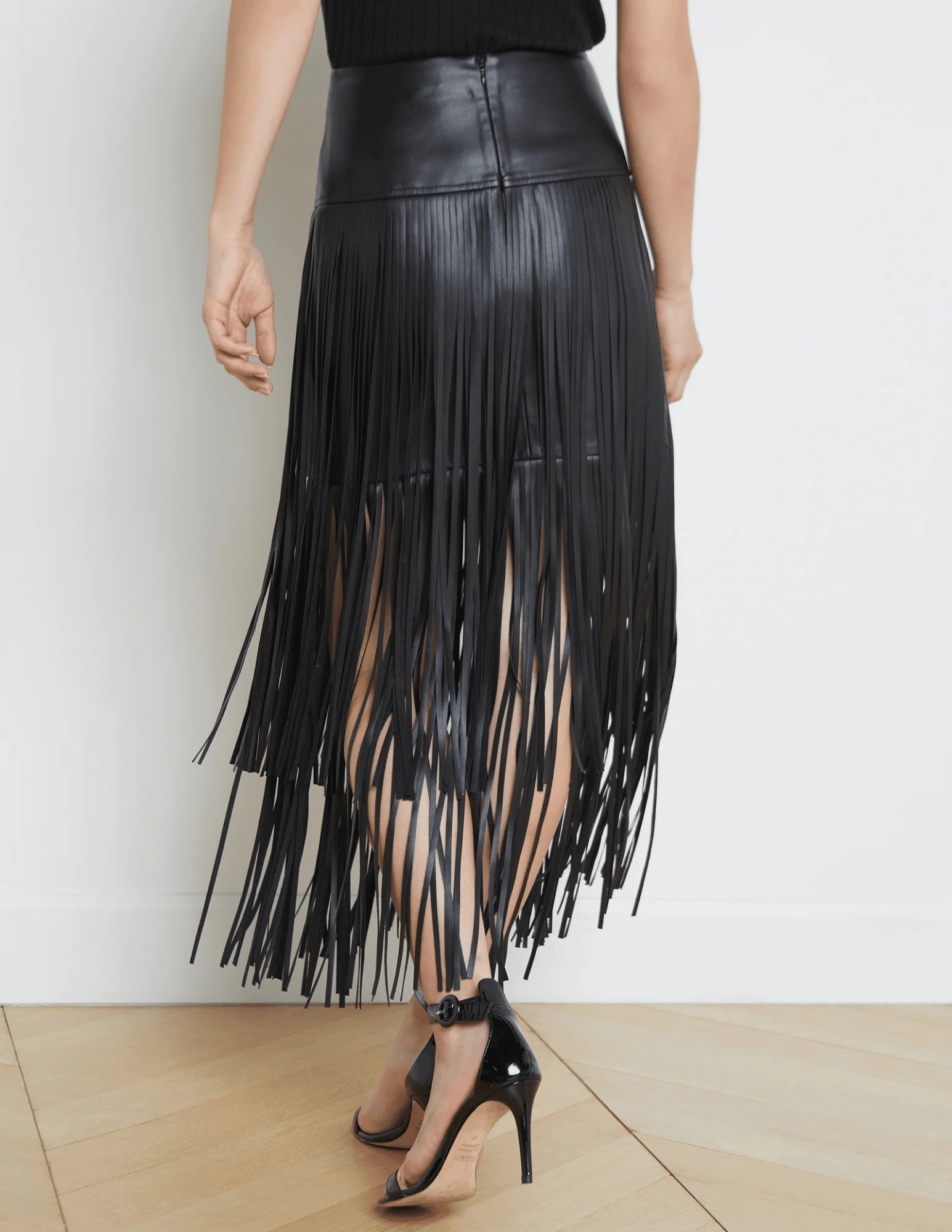 L'AGENCE Karolina Vegan Leather Fringe Midi Skirt in Black Linen blend