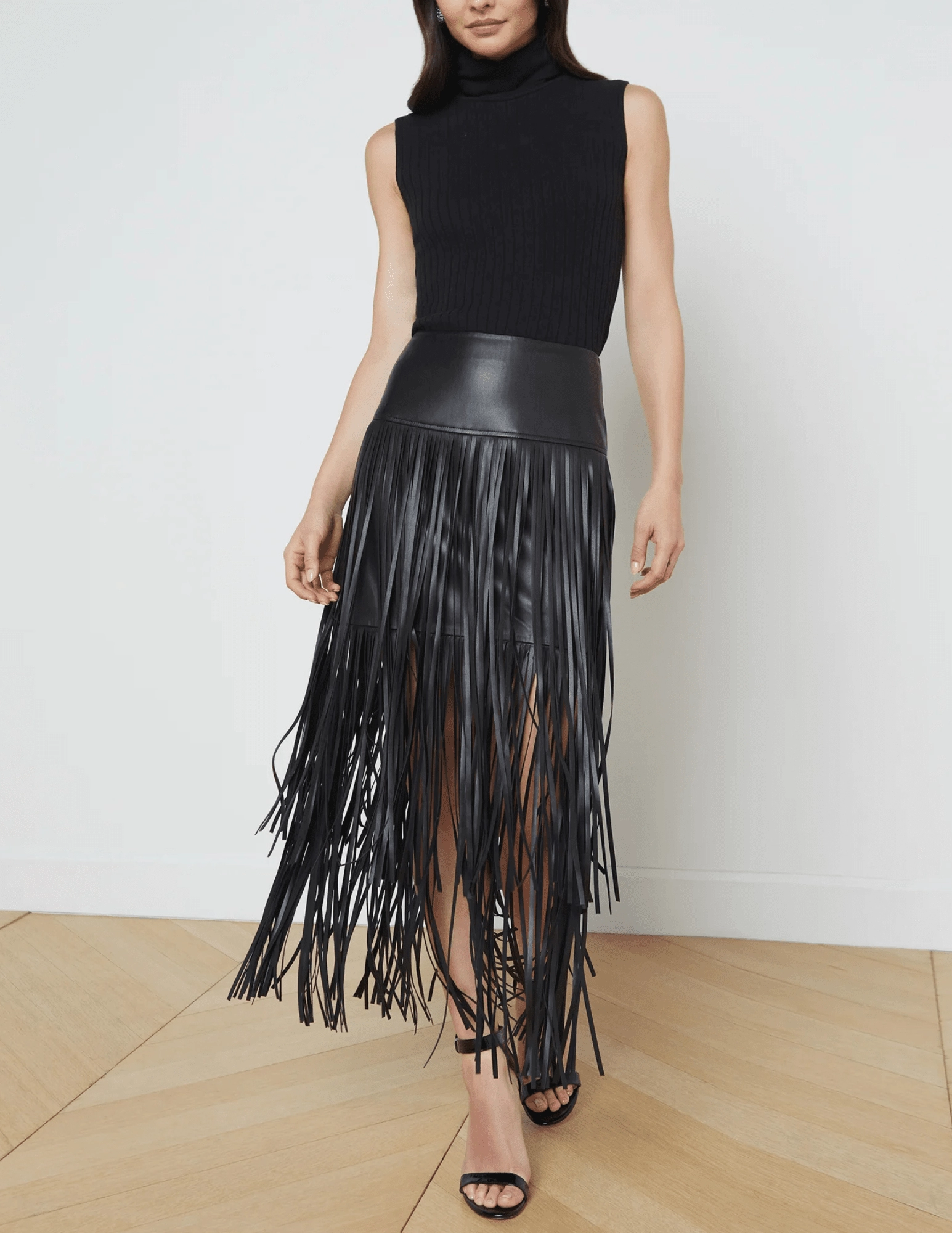 Adjustable Ties Creative Fashion L'AGENCE Karolina Vegan Leather Fringe Midi Skirt in Black