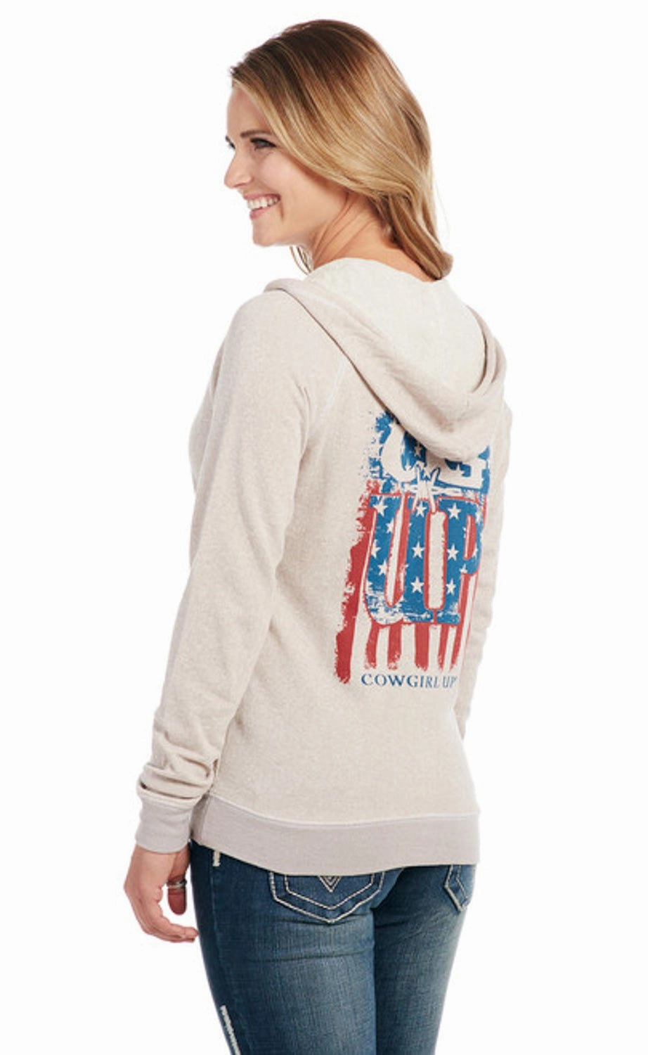 Cowgirl Up Womens Patriotic Zip Up Oatmeal Cotton Blend Hoodie Simple Look Affordable Fashion