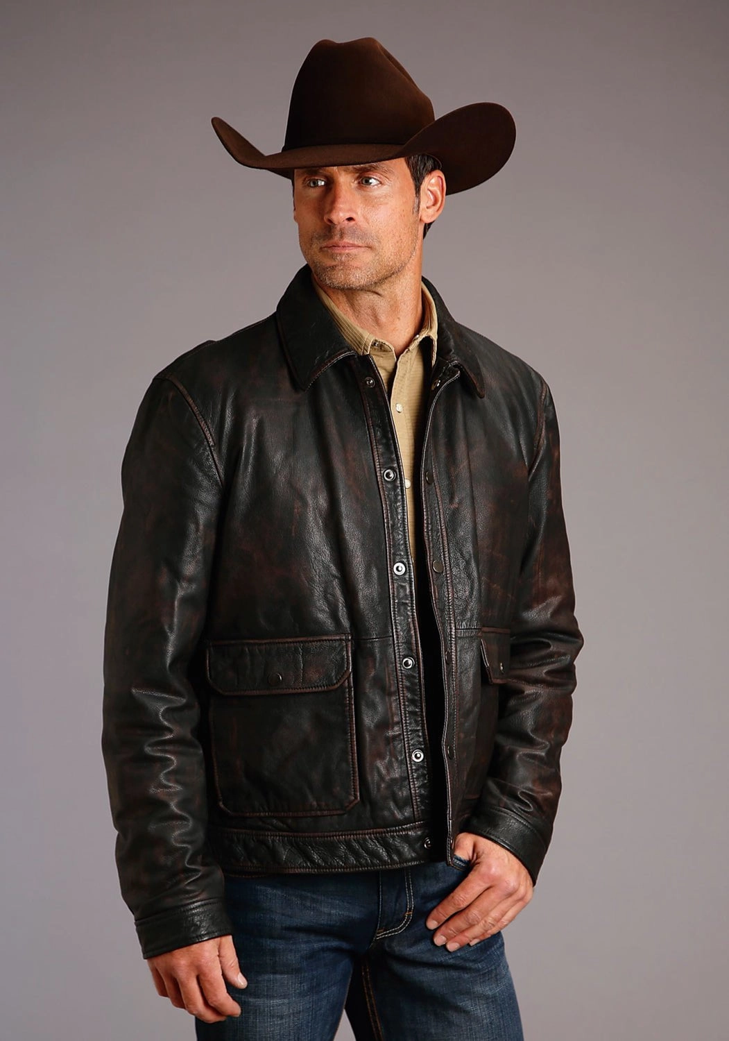 Stetson Mens Distressed Snap Front Brown Leather Leather Jacket Frictionless Zipper Tracks