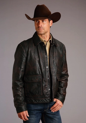 Stetson Mens Distressed Snap Front Brown Leather Leather Jacket Frictionless Zipper Tracks