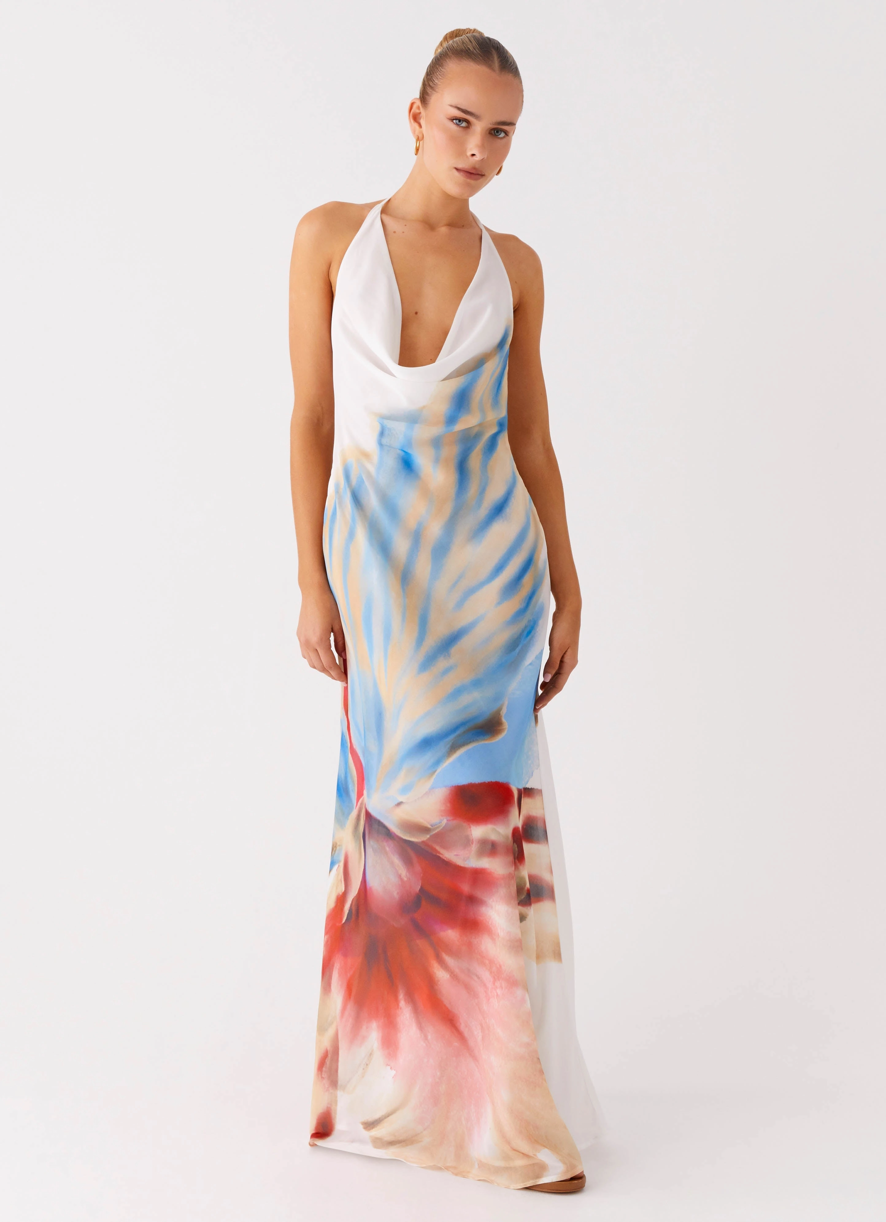 Stars Align Cowl Maxi Dress - White Sea Bloom Modern and Stylish