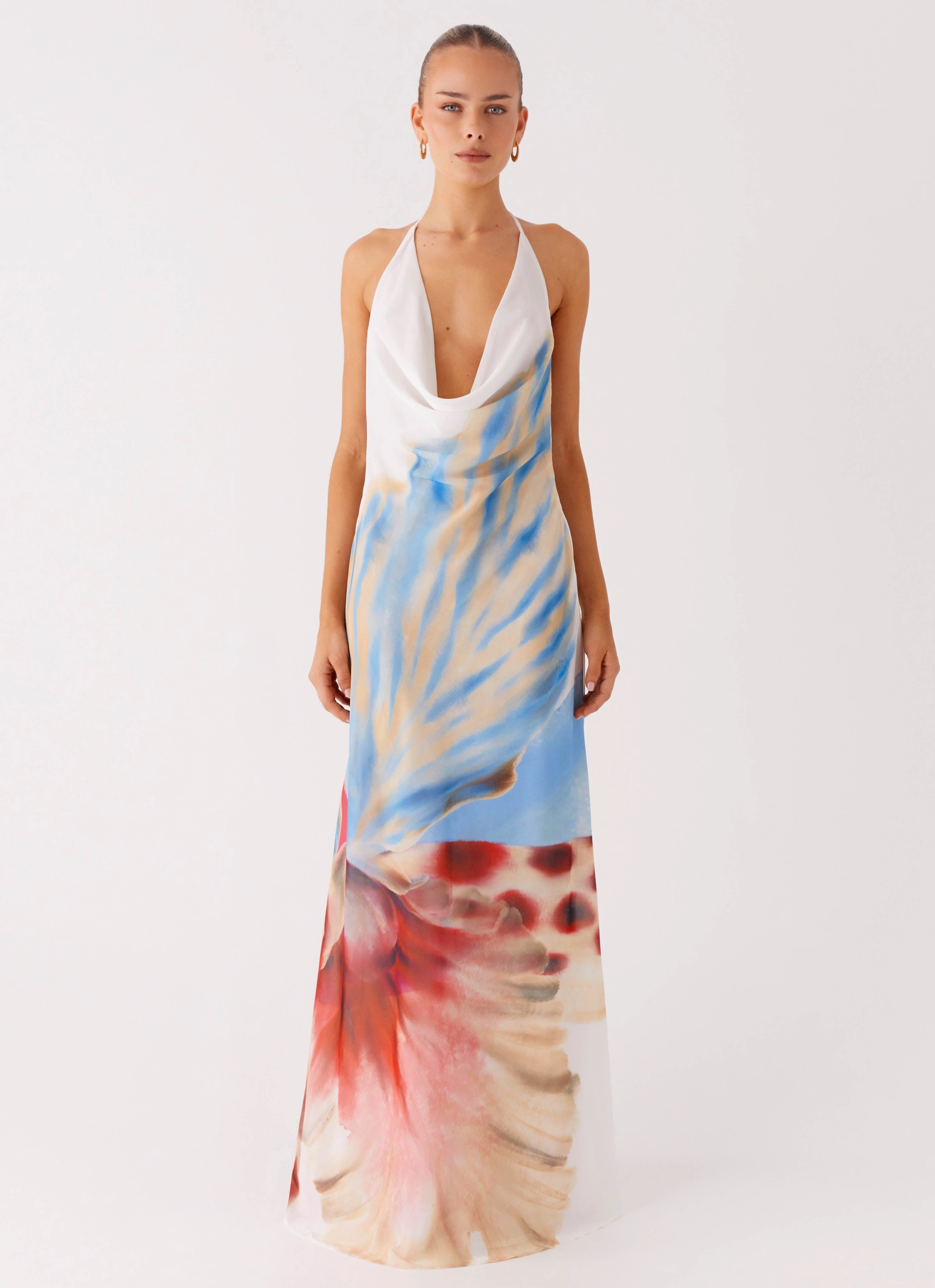 Stars Align Cowl Maxi Dress - White Sea Bloom Relax Appeal Flattering Silhouette Wear
