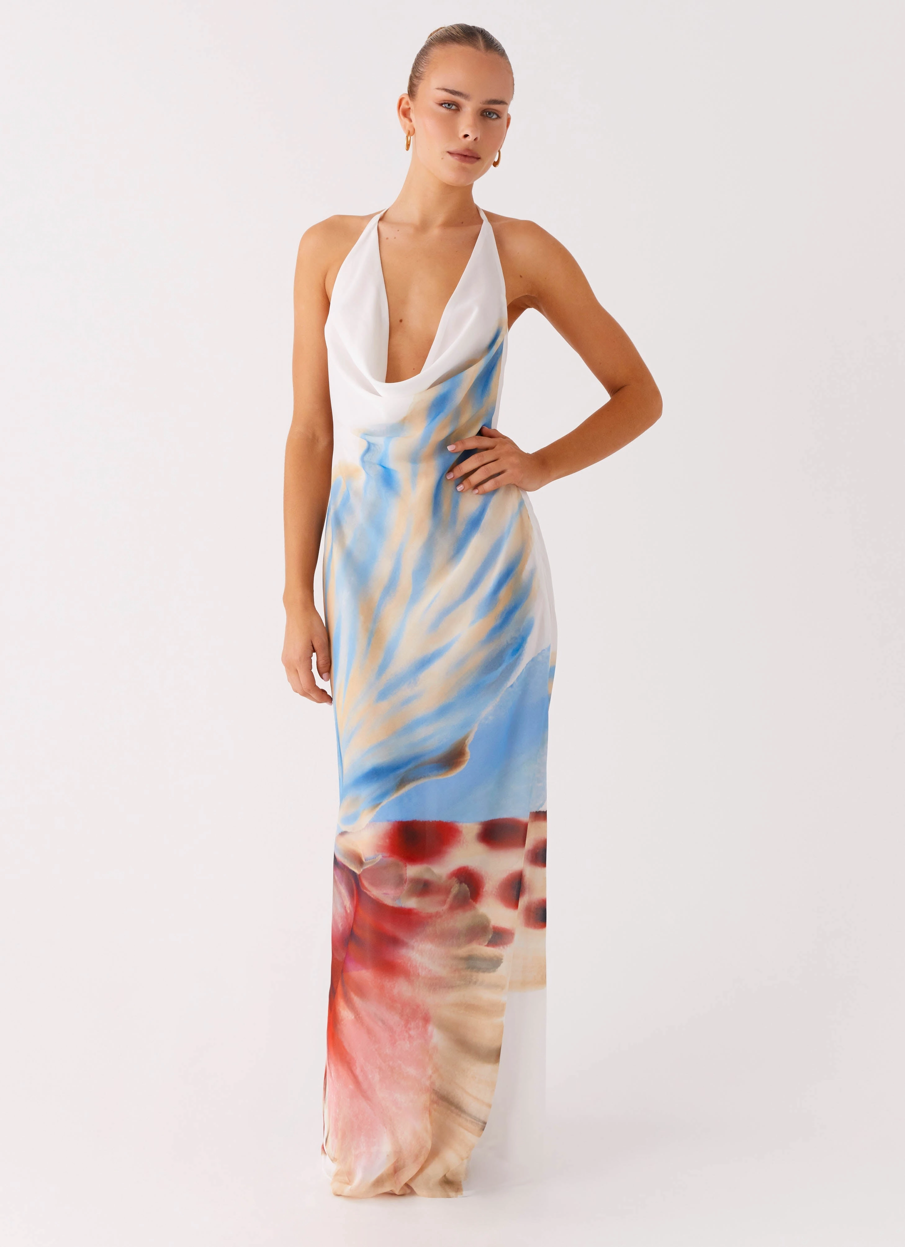 Stars Align Cowl Maxi Dress - White Sea Bloom Sharp Fit