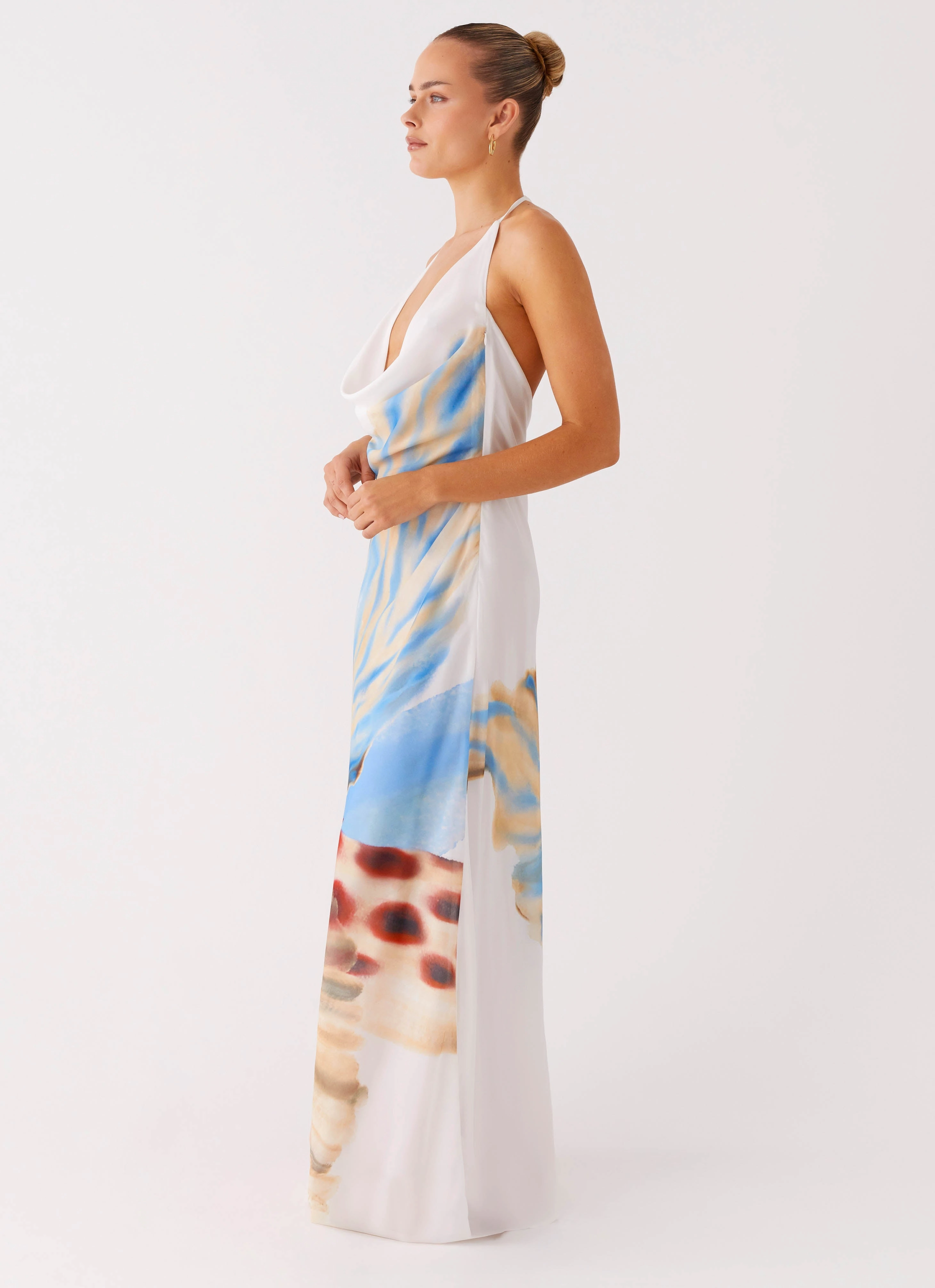Smooth Blend Stars Align Cowl Maxi Dress - White Sea Bloom