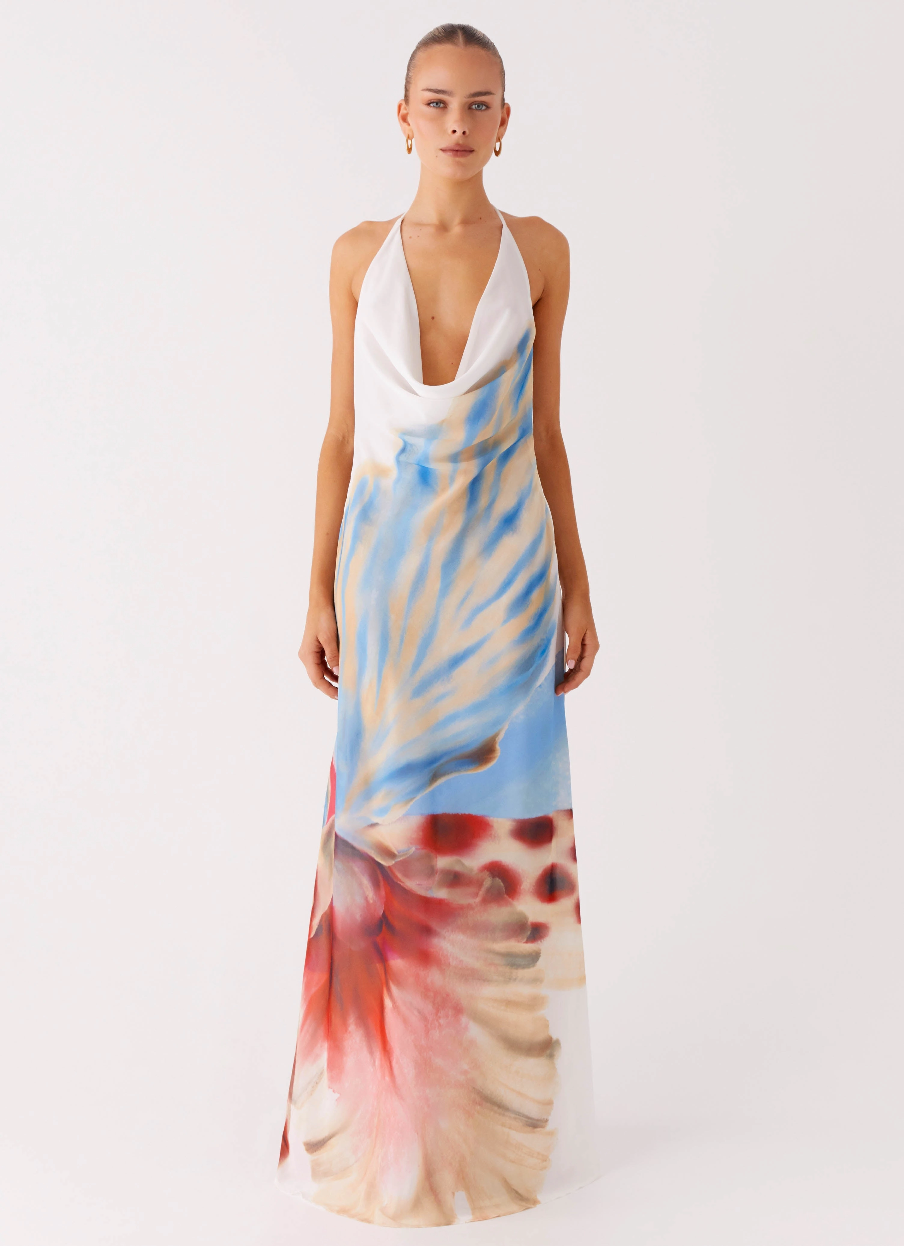 City Flow Comfortable Shape Stars Align Cowl Maxi Dress - White Sea Bloom