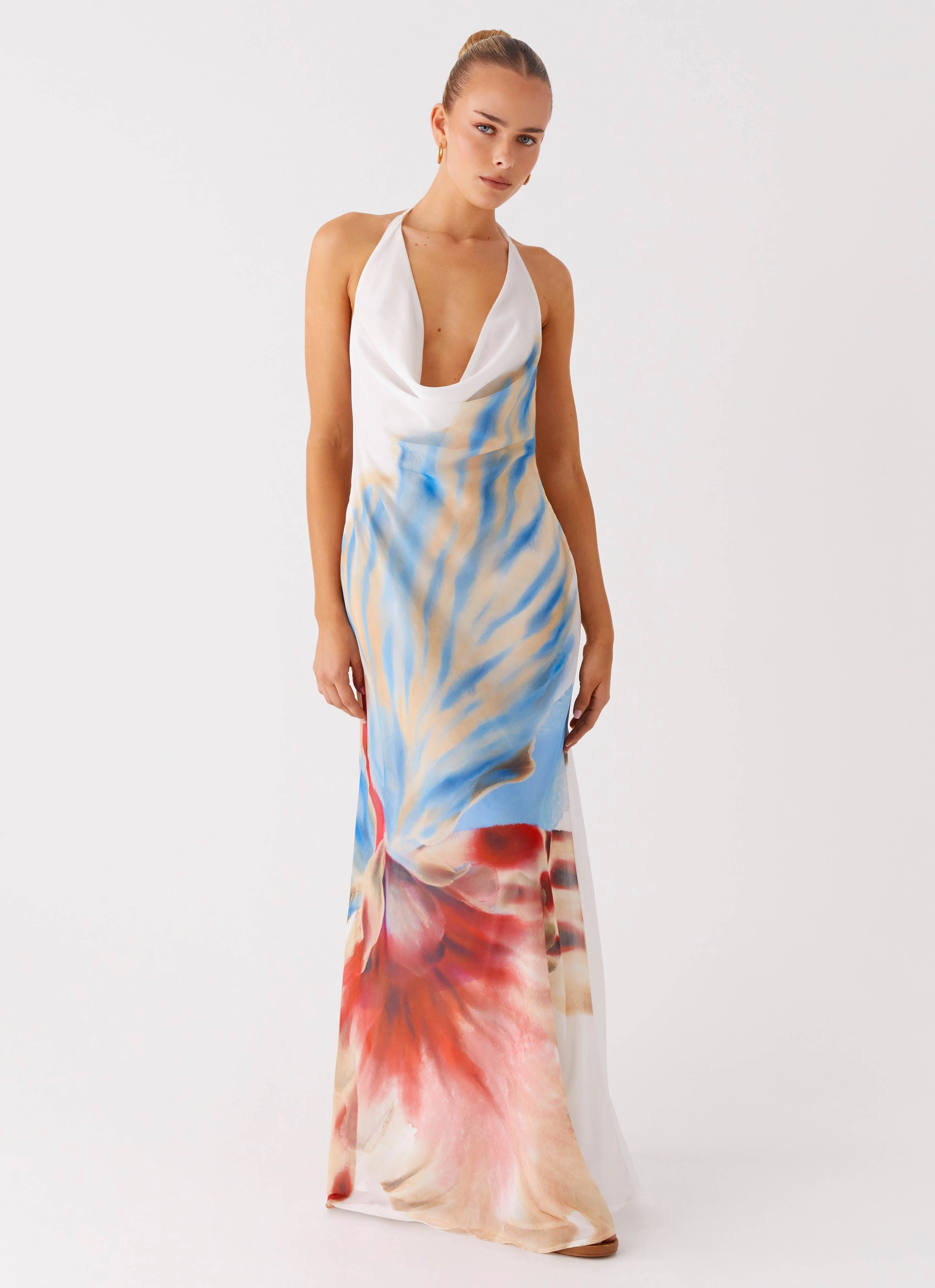 Floral Comfort Stars Align Cowl Maxi Dress - White Sea Bloom