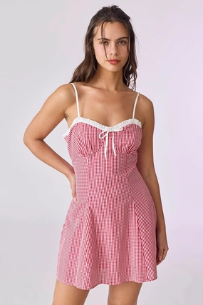 Chloe Gingham Mini Dress - Red Mixed Fabric