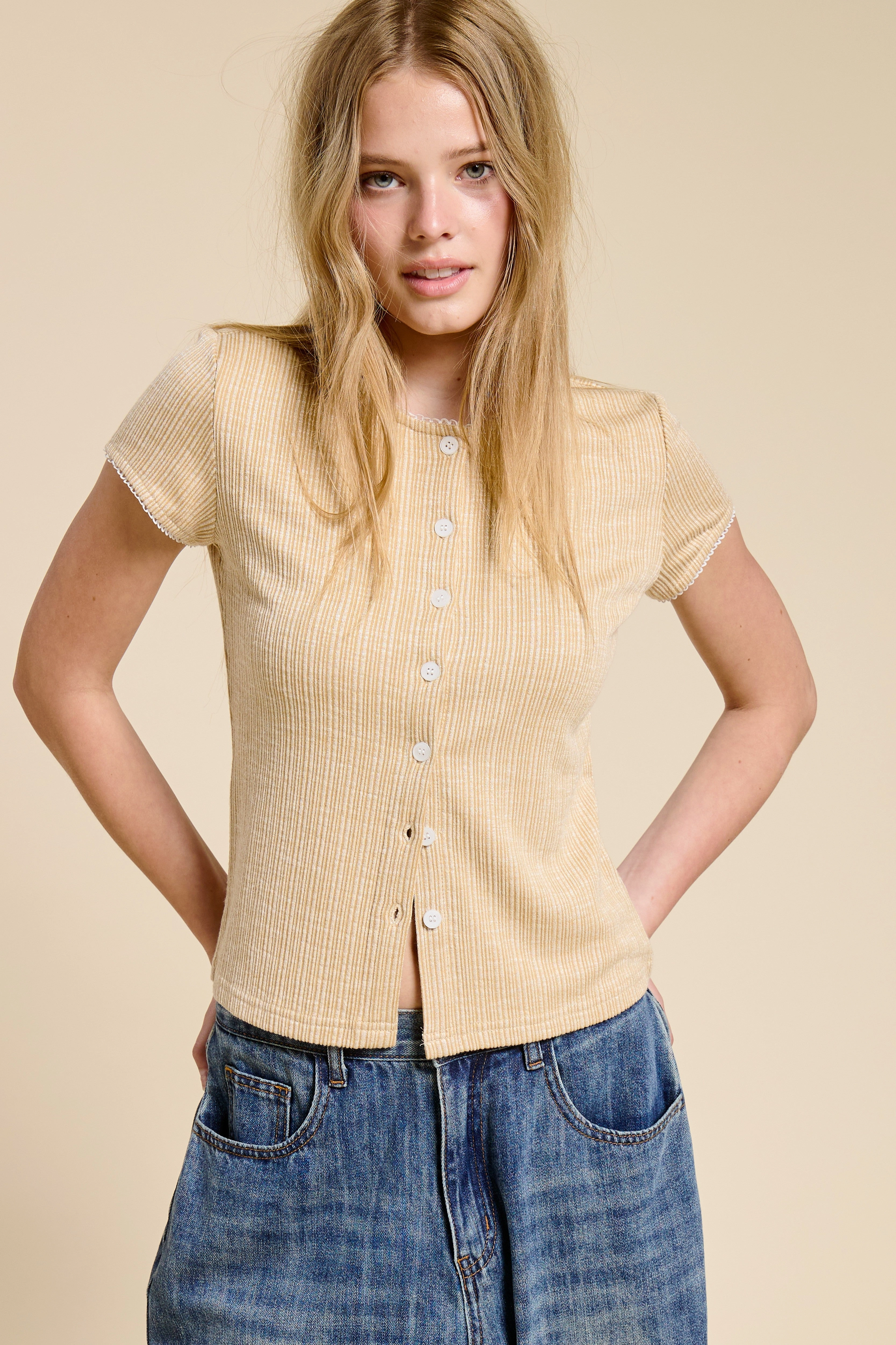 Stay With Me Ribbed Top - Sand Sustainable Production Certified Recycled Fiber