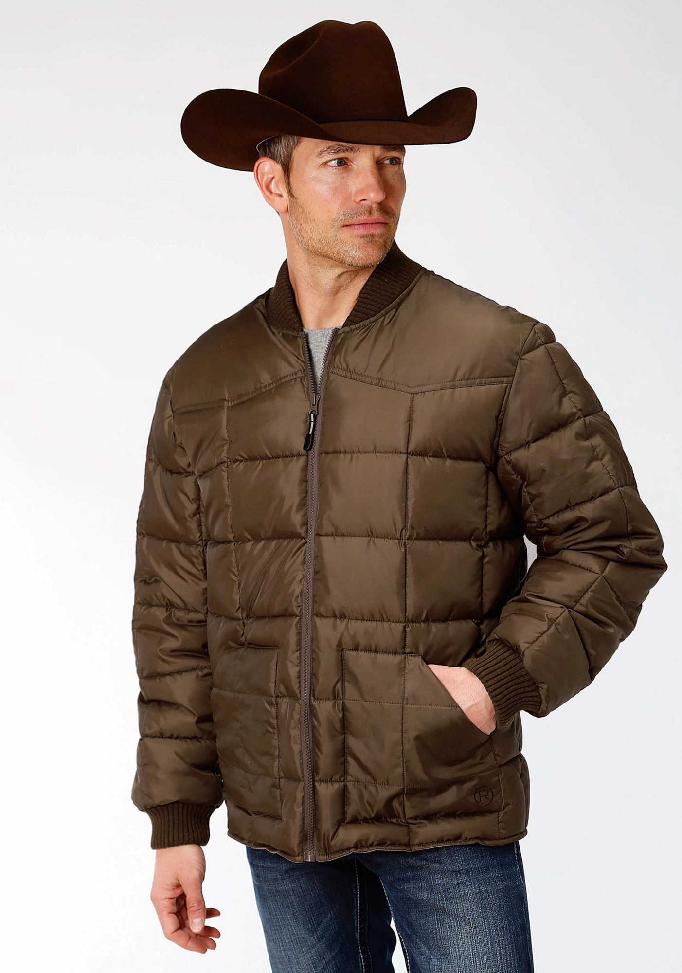 Zippered Vents Microfiber texture Roper Mens Chocolate Polyester Quilted Insulated Jacket