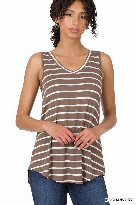 medium quality unmanned Stefani Stripe Sleeveless V-neck Top S-3XL