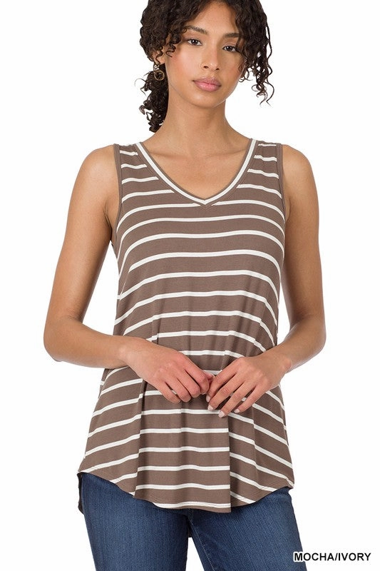 Stefani Stripe Sleeveless V-neck Top S-3XL Stylish Dress MicrofiberBlend
