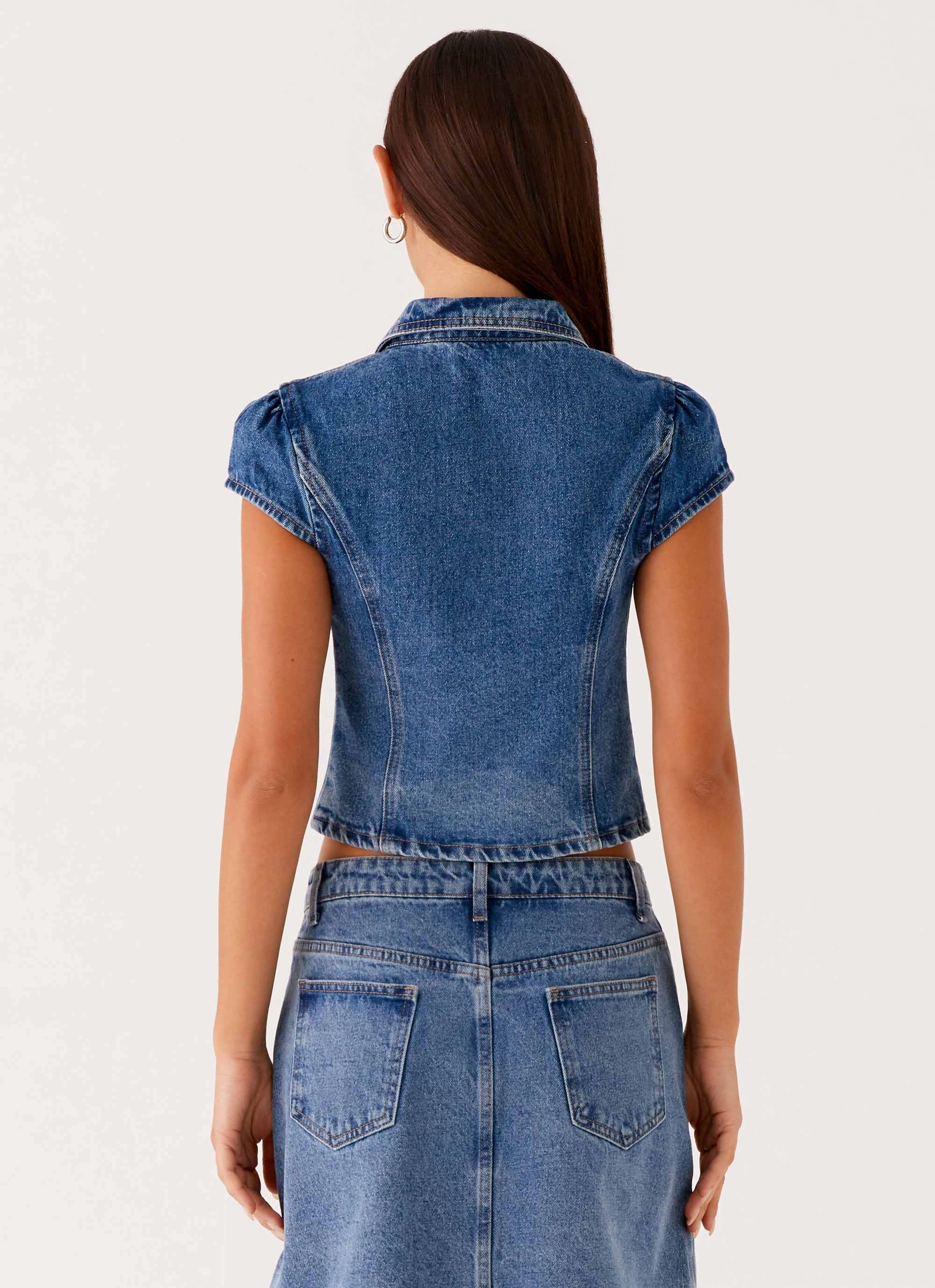 Double Chest Pocket Stella Button Up Top - Blue