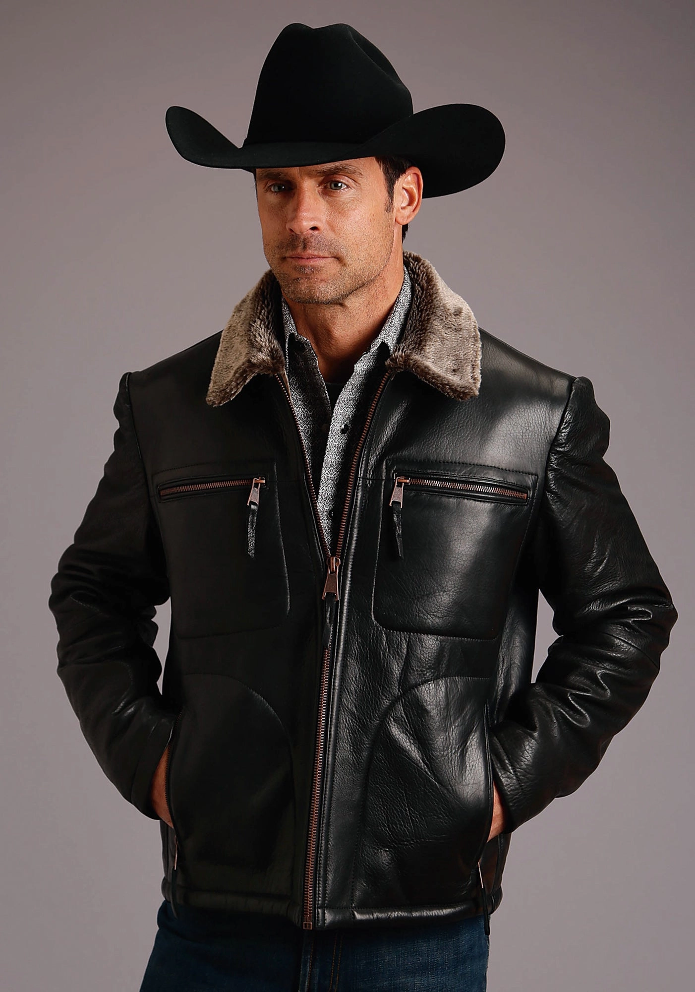 Stetson Faux Fur Mens Black Leather Smooth Jacket mesh ventilation Work Tough