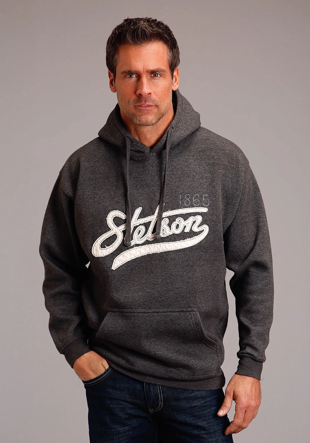 Stetson Mens 1865 Applique Script Grey Cotton Blend Hoodie Noise Reduced Fabric Lightweight Waterproof Jacket