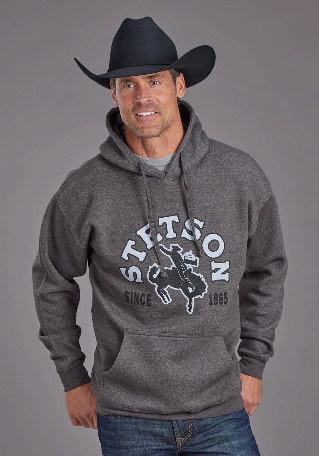 Stetson Mens Bronc Rider Charcoal Cotton Blend Hoodie Odor Control Finish Transitional Daily Fit
