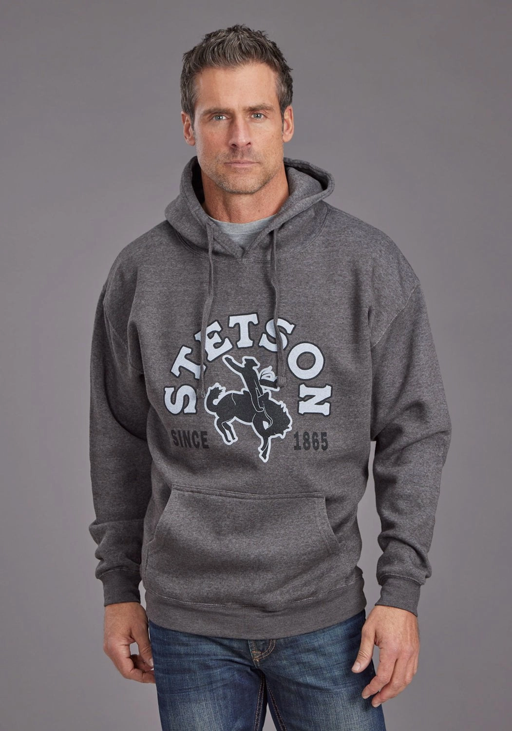 Stetson Mens Bronc Rider Charcoal Cotton Blend Hoodie Relaxed City Style Stowable Hood