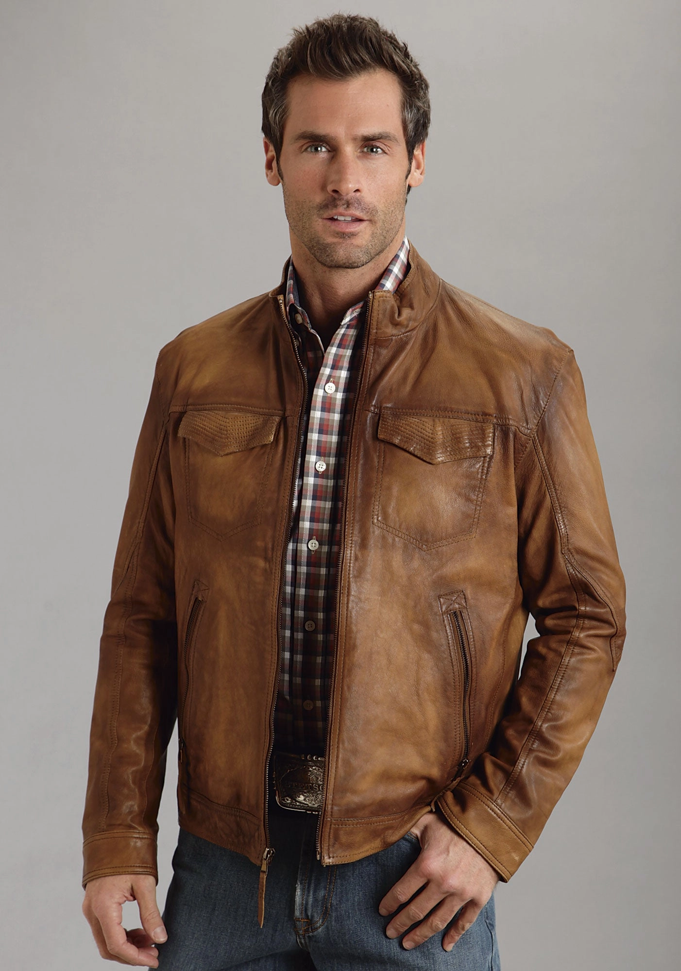Stetson Mens Brown Burnished Leather Jacket Motorcycle Western Zip Front Winter Outerwear