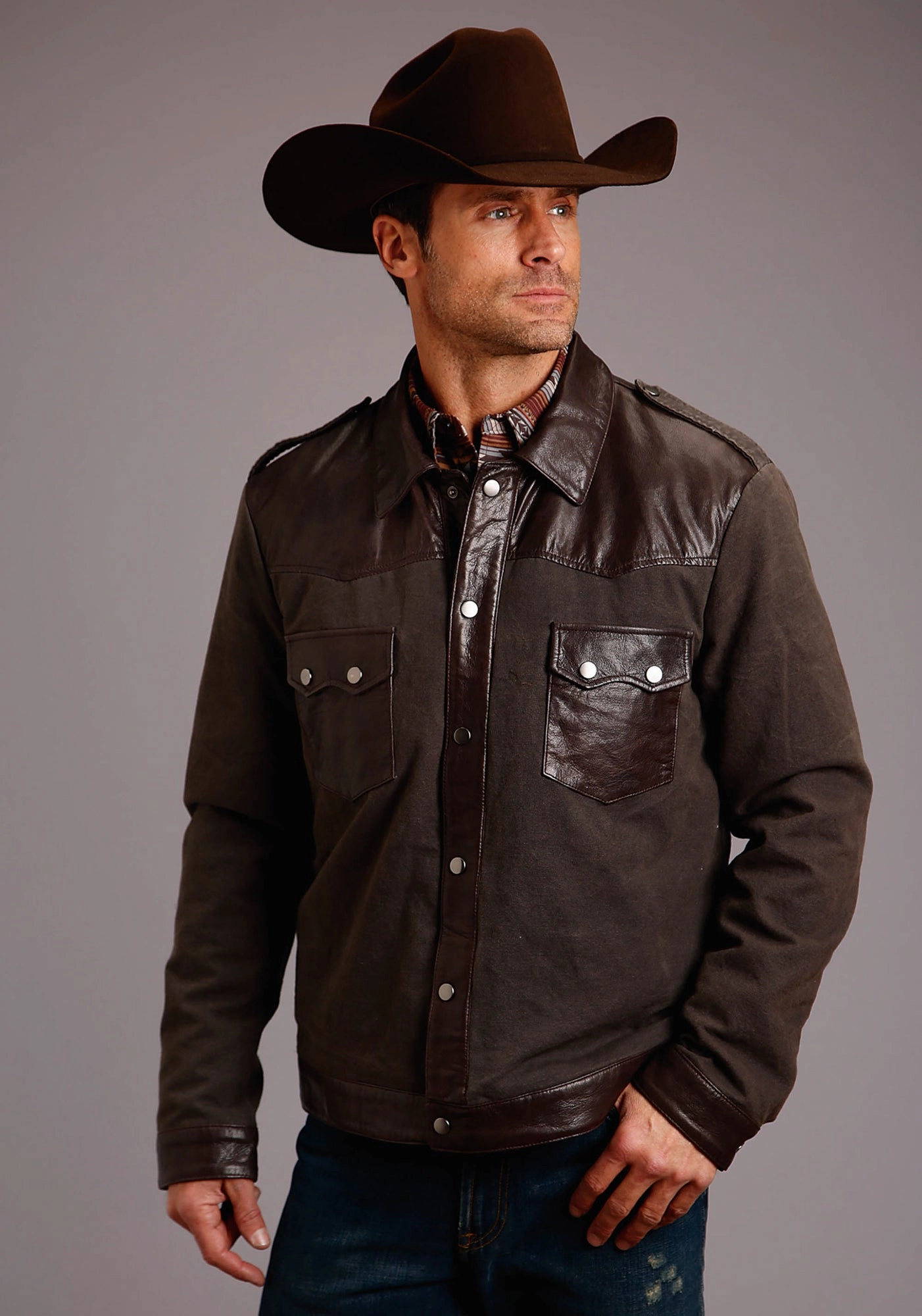Stetson Mens Brown Leather Canvas Jean Jacket Sustainable Packaging DoubleLayeredHem