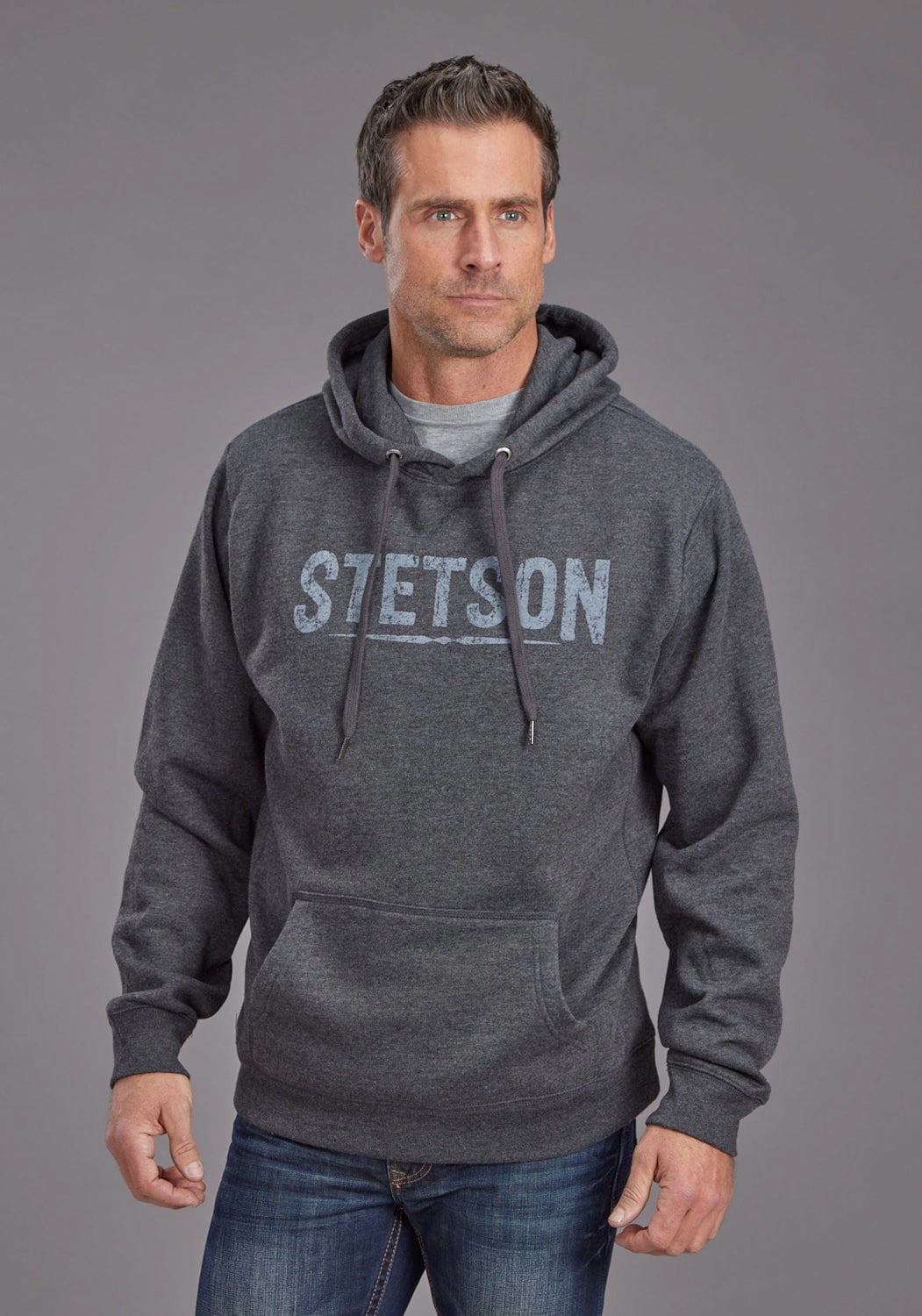 Double Layer Protection Stetson Mens Distressed Logo Black Cotton Blend Hoodie