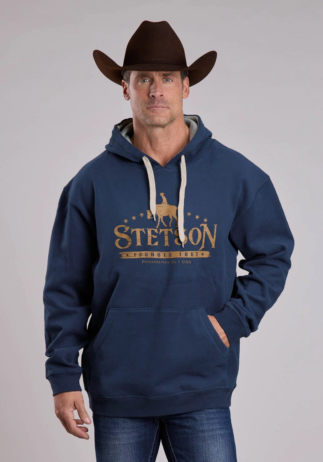 Sleek Layer Fit Stetson Mens Founded in 1865 Cowboy Navy Cotton Blend Hoodie
