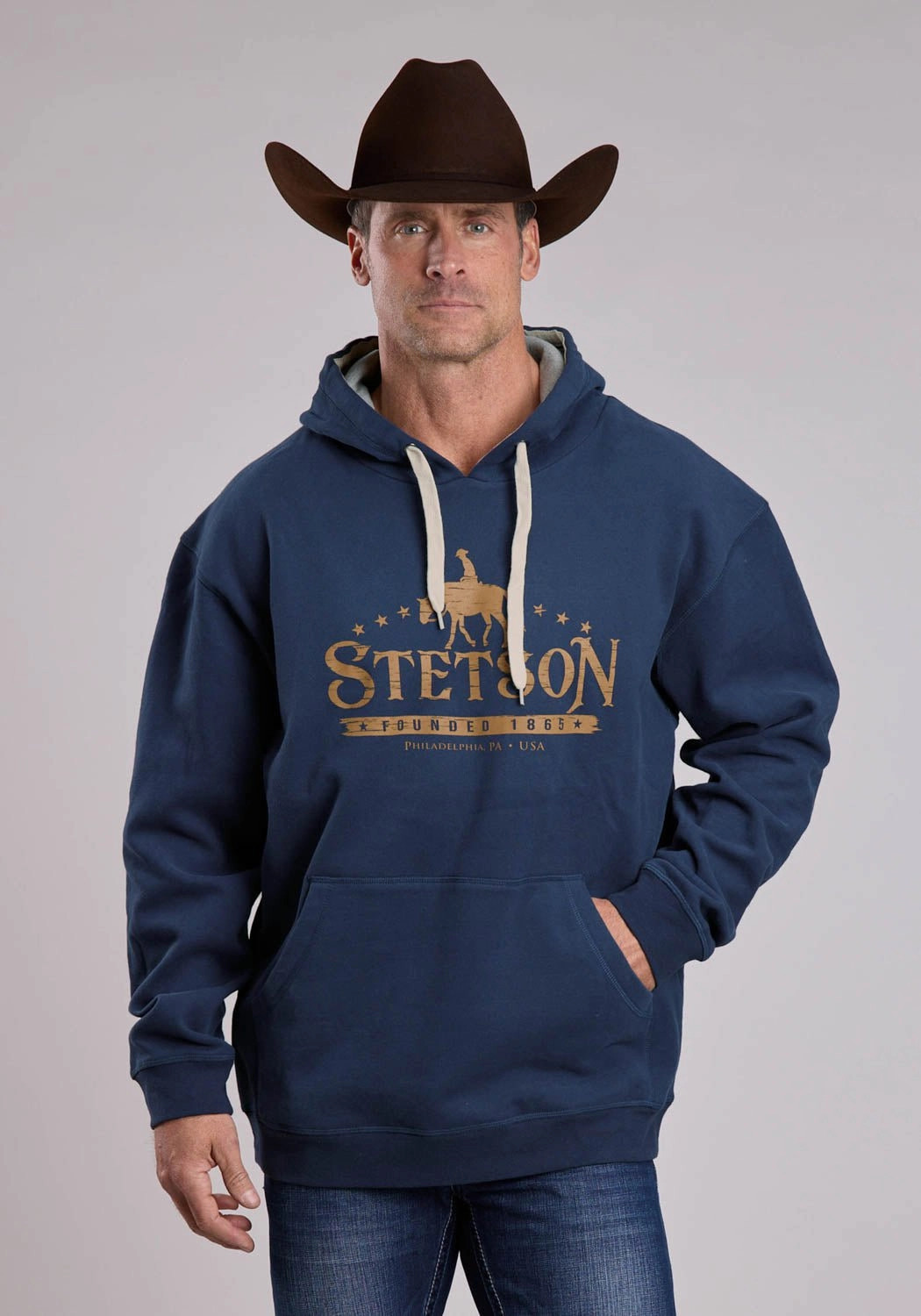 Stetson Mens Founded in 1865 Cowboy Navy Cotton Blend Hoodie Weatherproof Zipper Tech Work Tough