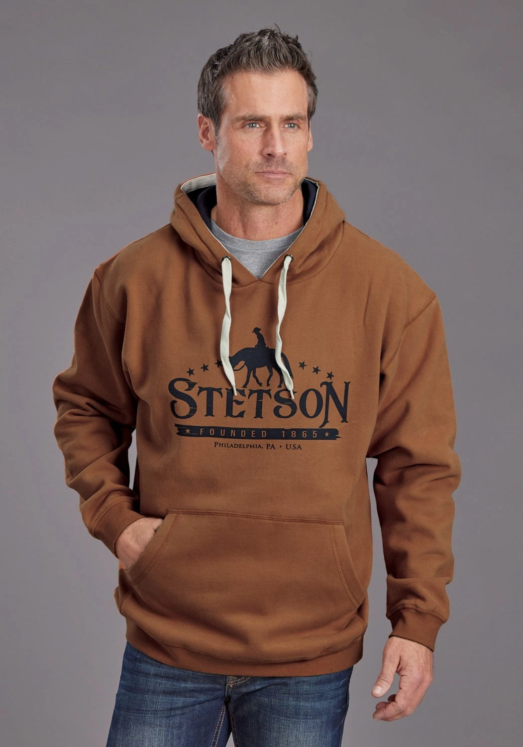 Stetson Mens Horserider and Star Earth Orange Cotton Blend Hoodie Dry Fast