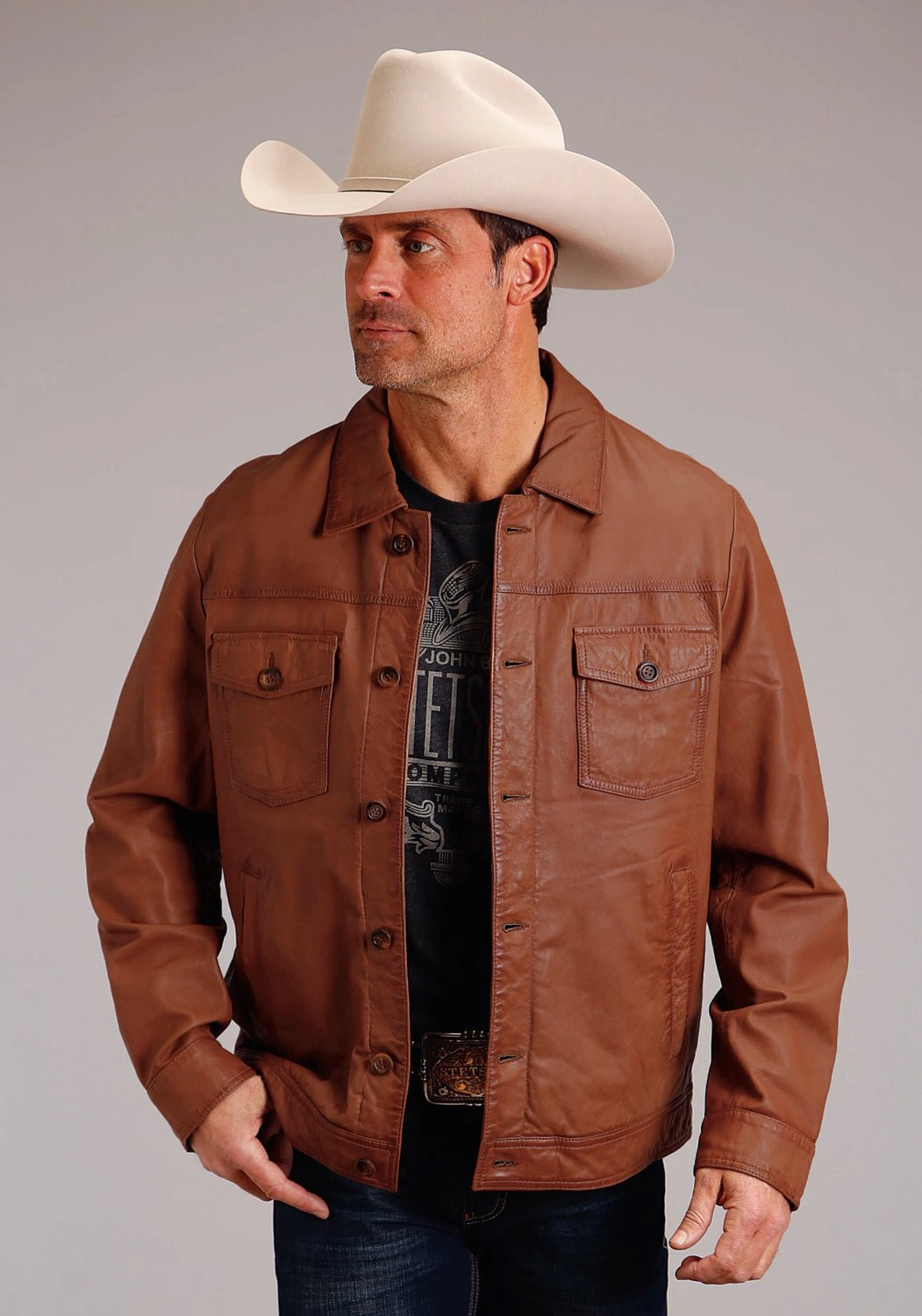 Stetson Mens Jean Caramel Brown Leather Leather Jacket Anti Slip Interior Quick Dry Technology