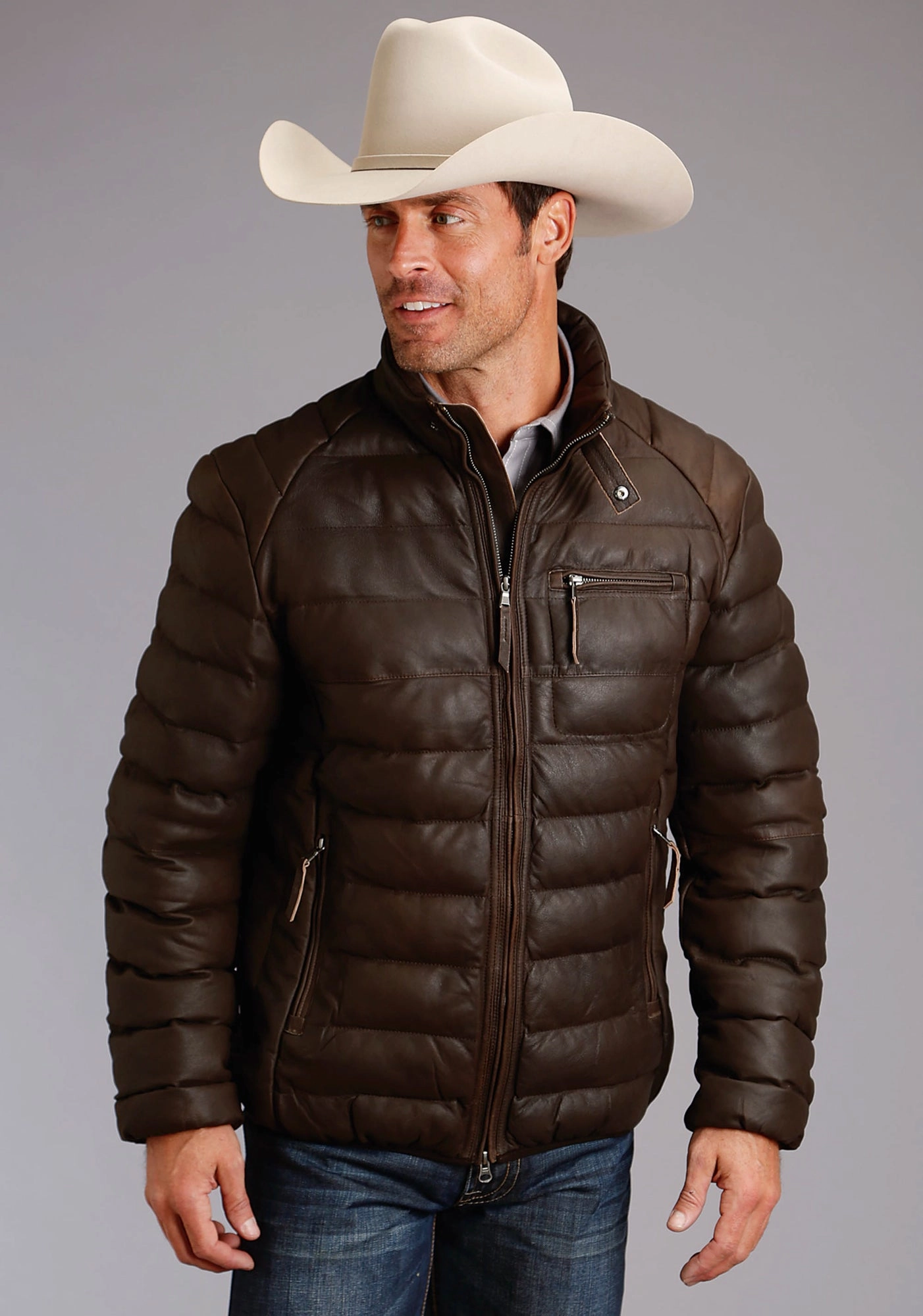 Rugged Comfort Stetson Mens Quilted Puffy Dark Brown Leather Leather Jacket