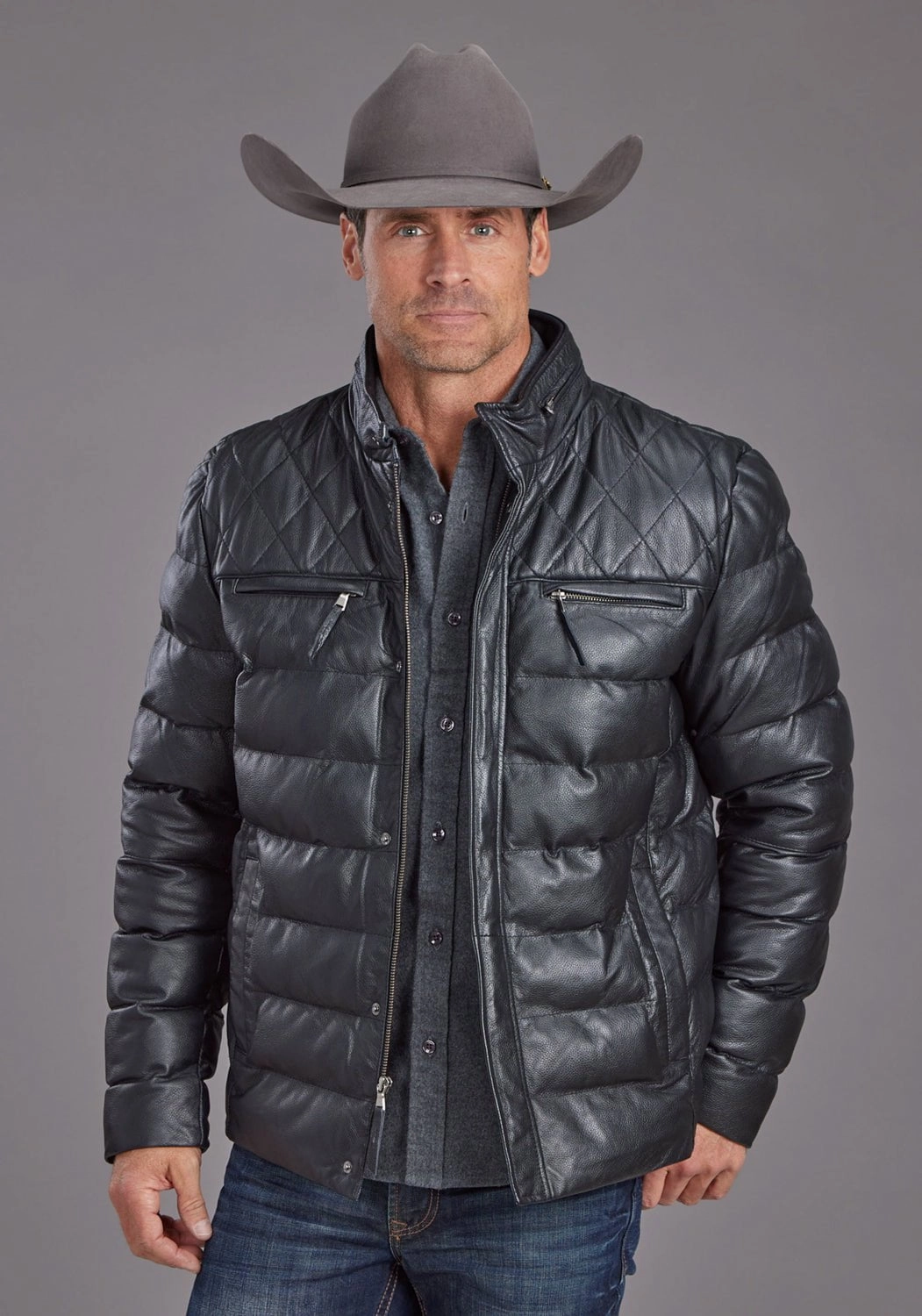 Stetson Mens Quilted Smooth Black Leather Insulated Jacket Aramid Fiber Blend Layer Piece