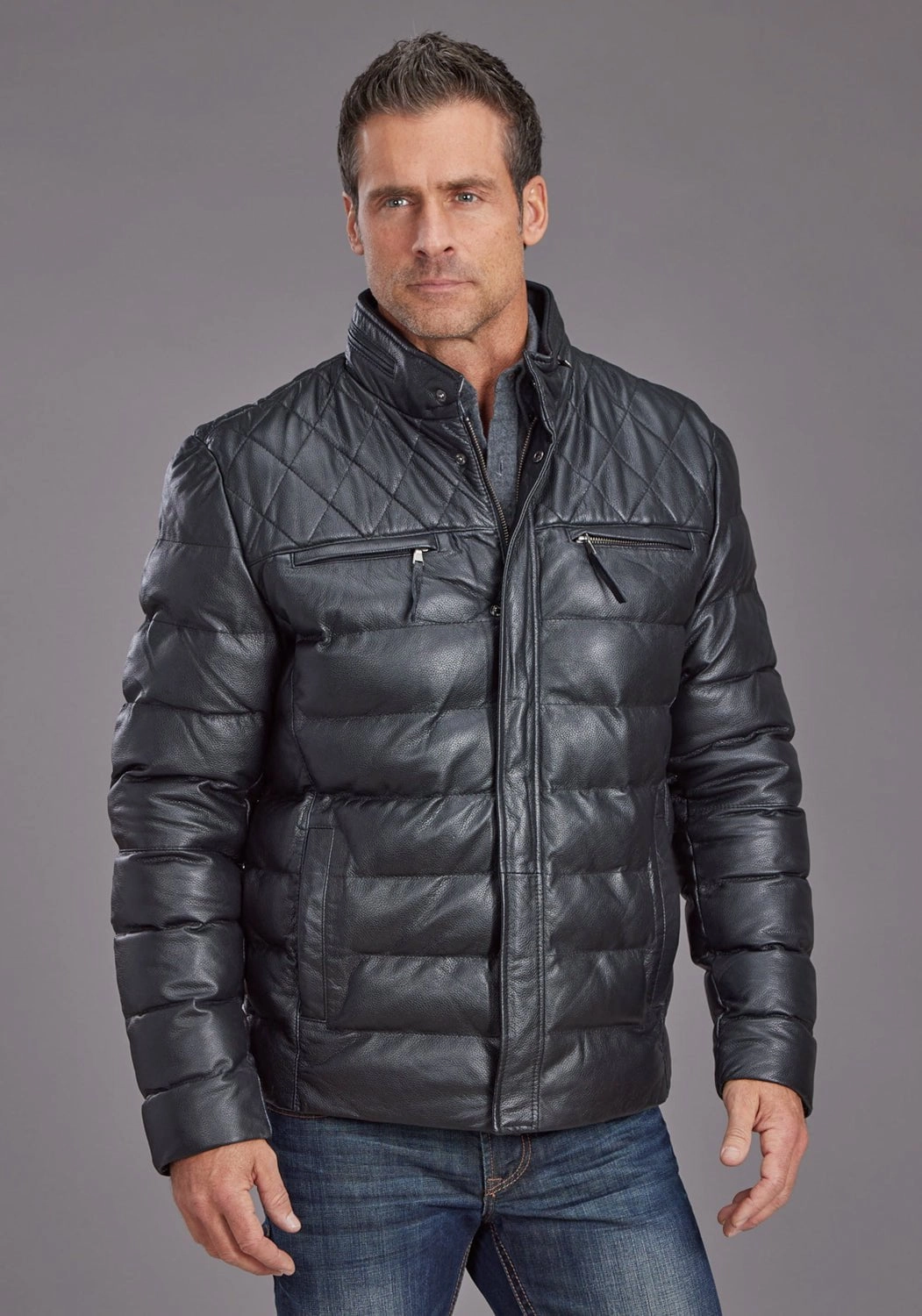Adjustable Hem Lock System Ethical Manufacturing Stetson Mens Quilted Smooth Black Leather Insulated Jacket