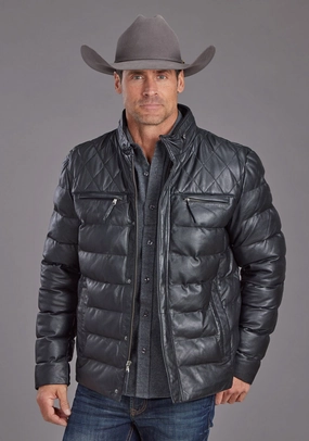 Stetson Mens Quilted Smooth Black Leather Insulated Jacket Aramid Fiber Blend Layer Piece