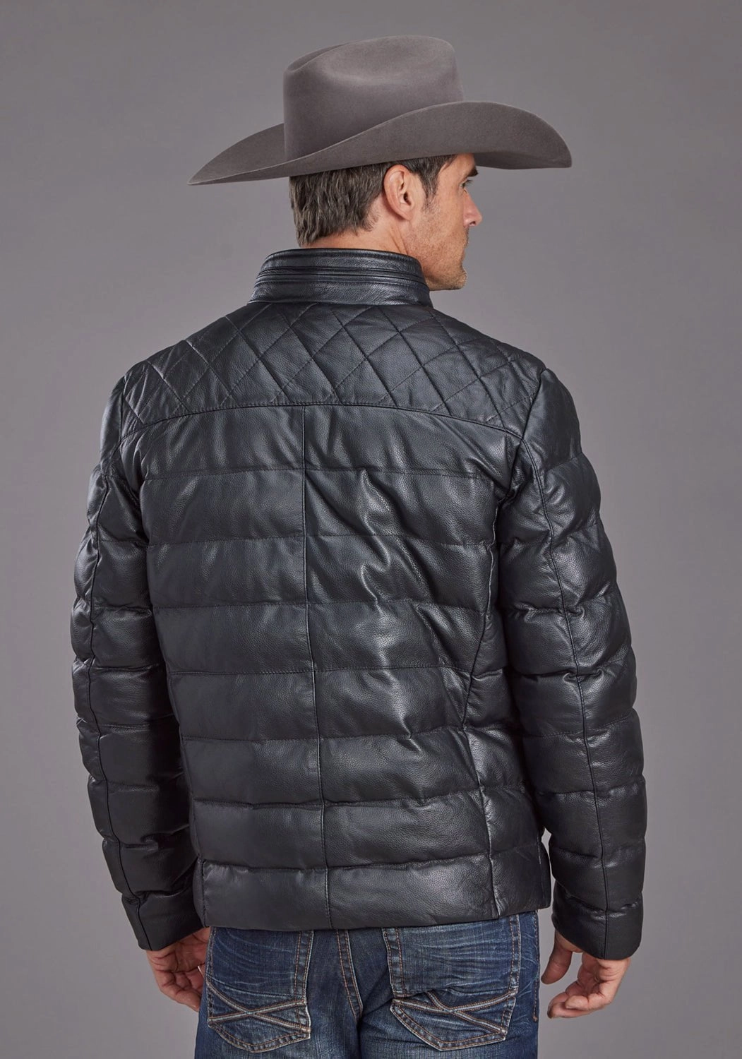 Stetson Mens Quilted Smooth Black Leather Insulated Jacket Light Day Jacket Nylon Cover