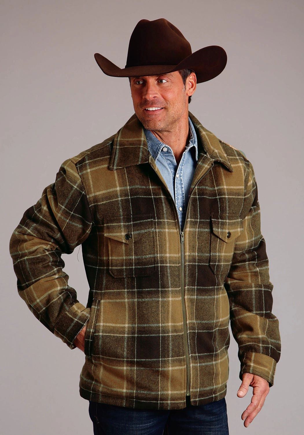Sleek Outer Stetson Mens Rugged Plaid Brown Poly/Wool Wool Jacket