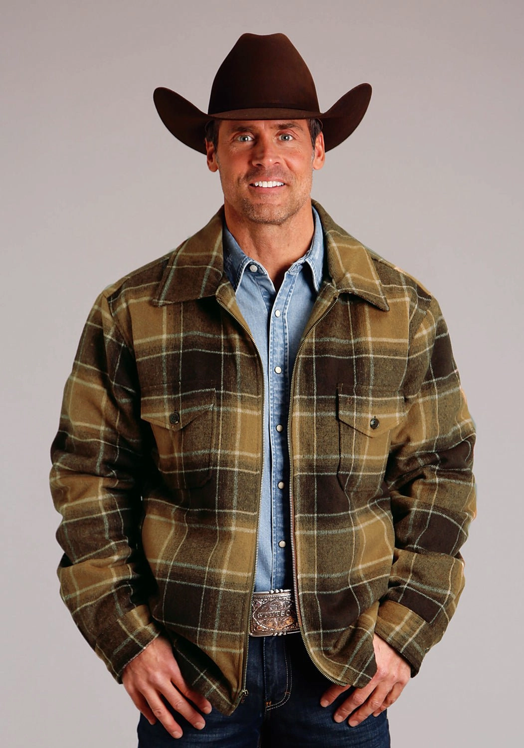 Stetson Mens Rugged Plaid Brown Poly/Wool Wool Jacket Weatherproof Zippers Softshell Coating