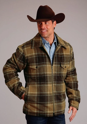 Stetson Mens Rugged Plaid Brown Poly/Wool Wool Jacket Wind Blocking Fabric