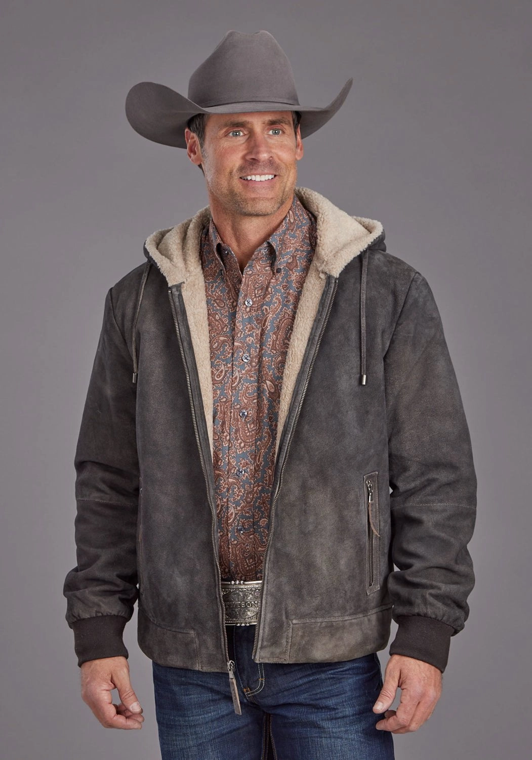 Stetson Mens Sherpa Hooded Brown Leather Leather Jacket Quilted Interior Layer Snag Free Surface