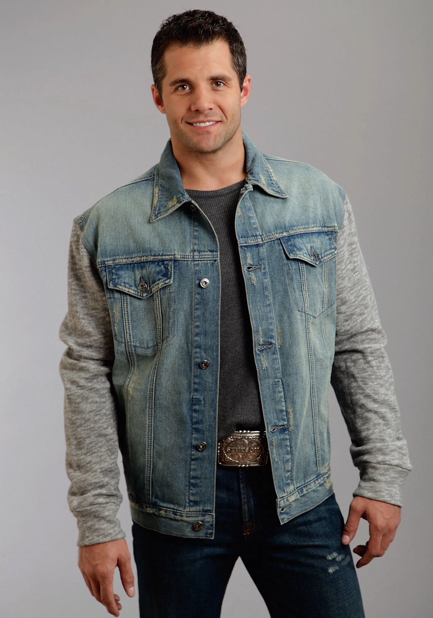 Stetson Mens Stretch Knit Sleeves Blue 100% Cotton Jacket TearResistantFabric